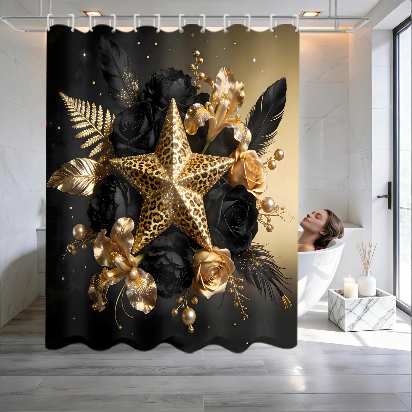 Black and Gold Shower Curtain Sets with Rugs, Luxury Leopard Star Floral Bathroom Decor, 4 Piece African Animal Print Bath Set with Non-Slip Rug, Toilet Lid Cover and Bath Mat, Waterproof Fabric