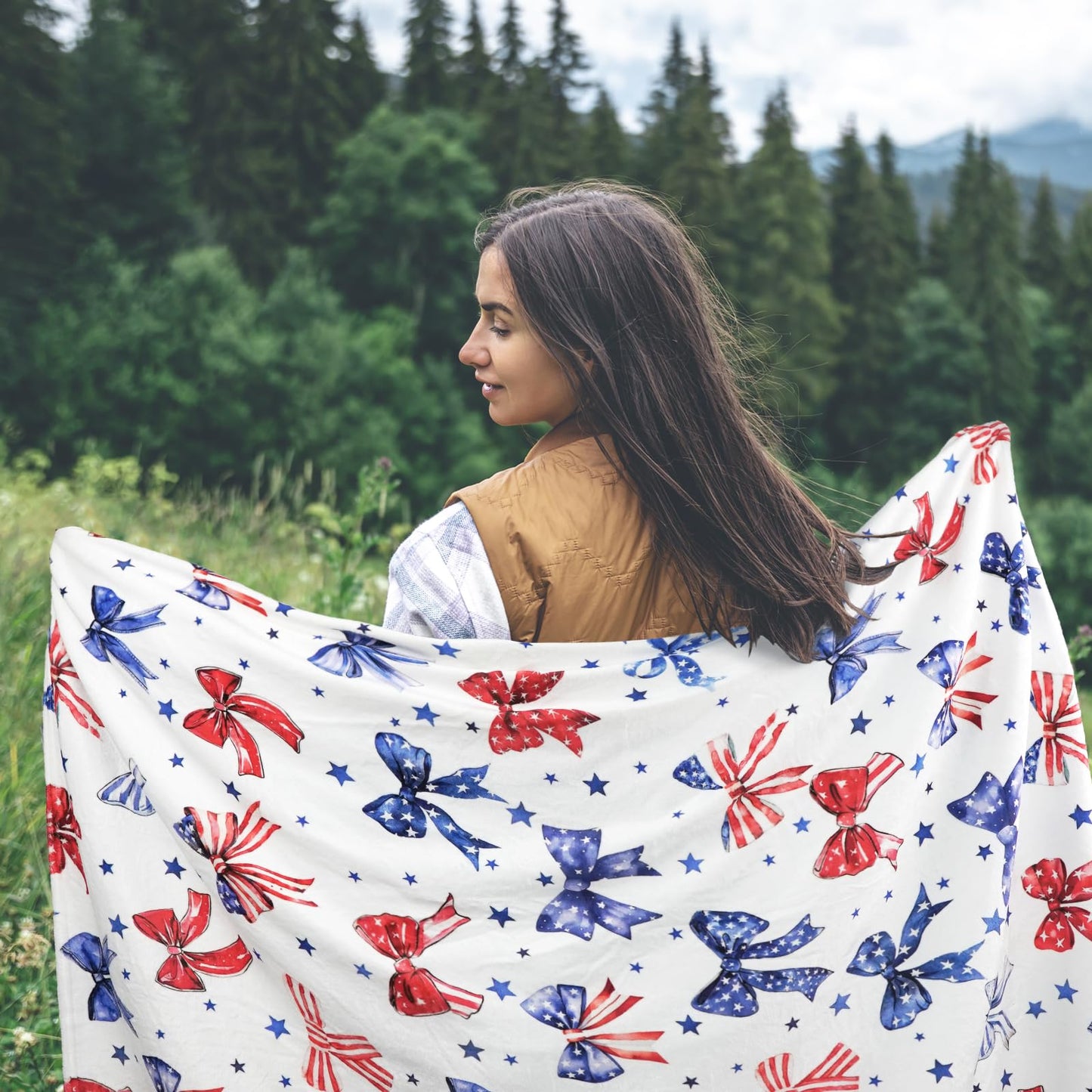 4th of July Throw Blanket American Flag Bows Fleece Flannel for Girls and Women Bows Gifts Soft Cozy Blankets Couch Bed Sofa Preppy Bedroom Cute Bow Decor 60"X50"