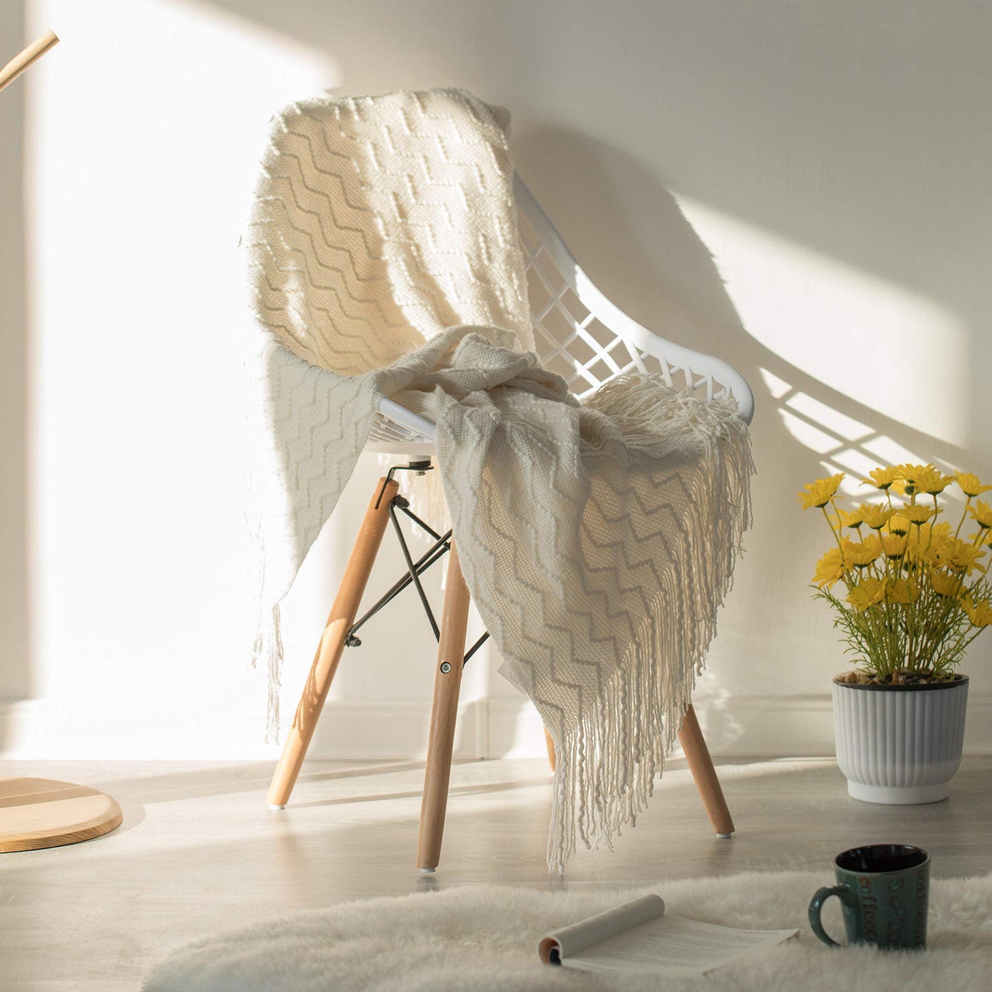 Decorative Chevron Pattern Knit Throw Blanket, 50x60 in, Made with Premium Yarns for Softness and Durability, Finished with Chic Fringe will Add a Cozy Touch to Your Living Space - White, Gifting