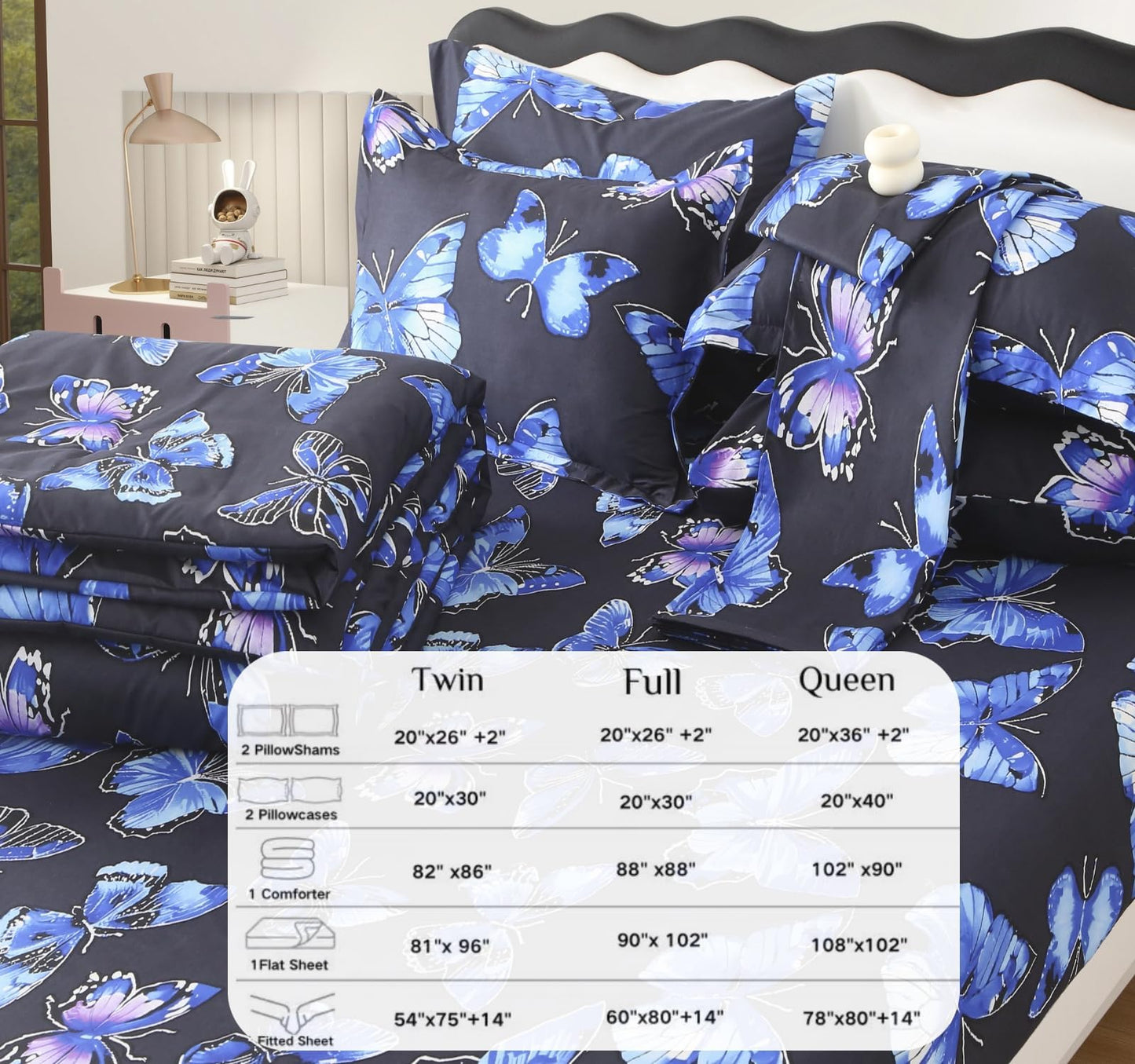 SDY 7PCS Butterfly Bedding Twin Bed in A Bag Twin Girls Boys and Kids with Butterfly Comforter, Flat Sheet, Fitted Sheet and Pillowcases & Shams