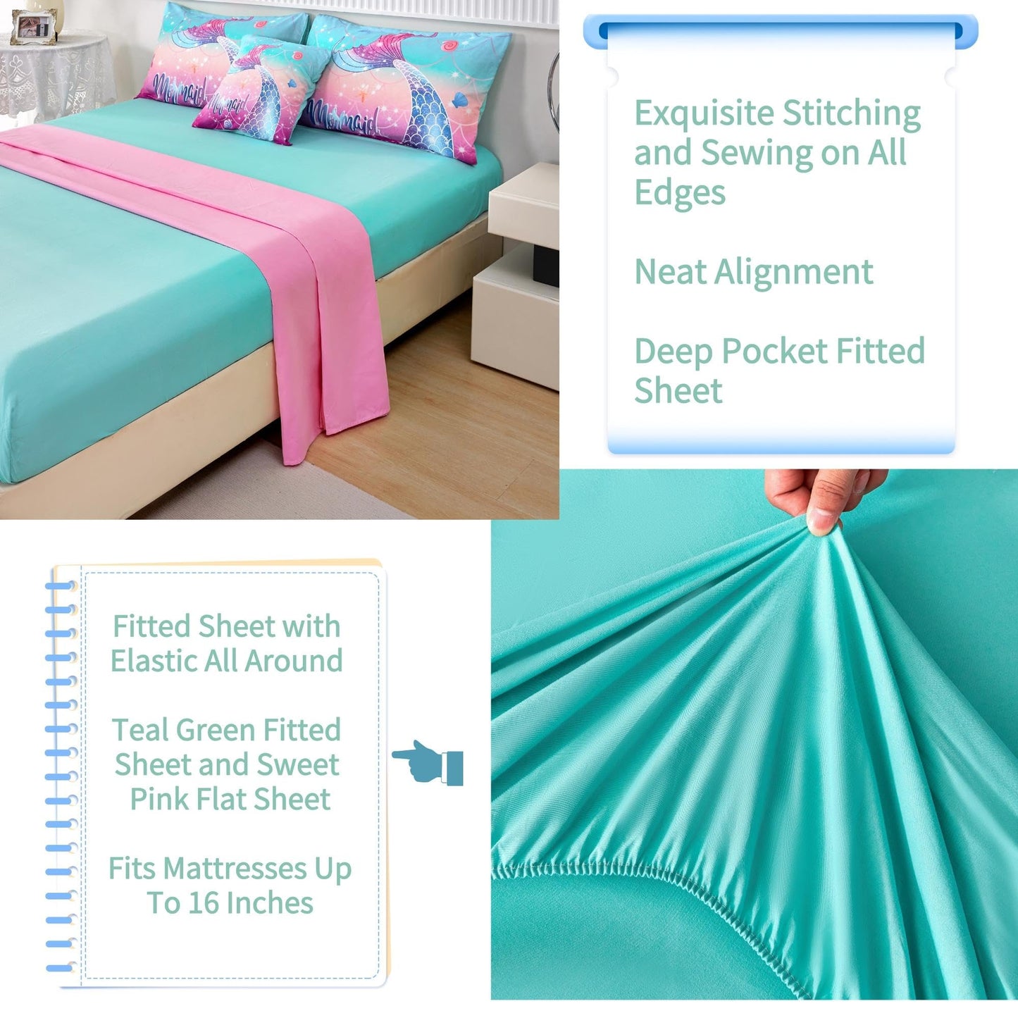 RYNGHIPY Kids Girls Comforter Set 6Pcs, Mermaid Bed in a Bag Twin Size, Fish Tail Print Teens Girls Bedding Set, Rainbow Bedding Collections