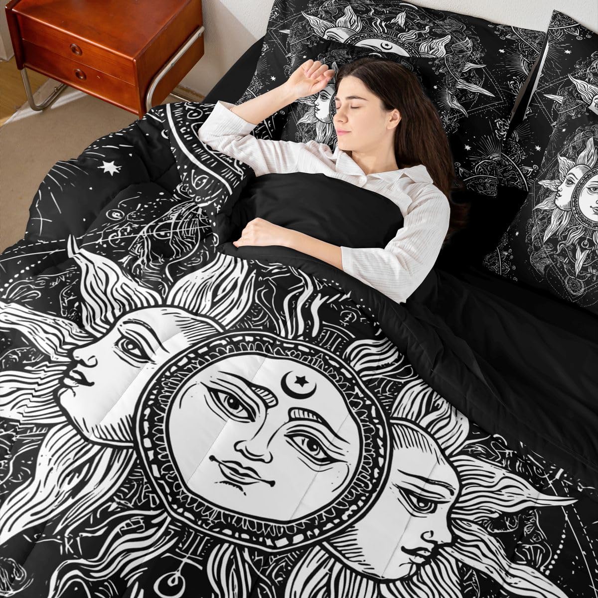 Erosebridal Bohemian Black and White Bed in a Bag Queen Comforter Set 7-Piece | Sun and Moon Bedding Sets Boho Floral Paisley Damask Comforter and Sheet Set, Tribe Exotic Mandala Room Decor