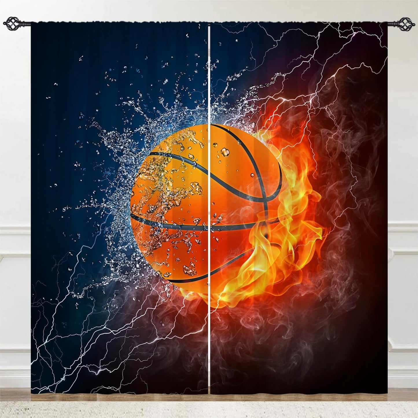 YUANZU Kids Basketball Curtains W42 x L63 Inch Rod Pocket Sports Fire Ball Water Flame Thunder Lightning Print Pattern Privacy Fabric Window Drapes for Boys Bedroom Nursery Baby Playroom 2 Panels