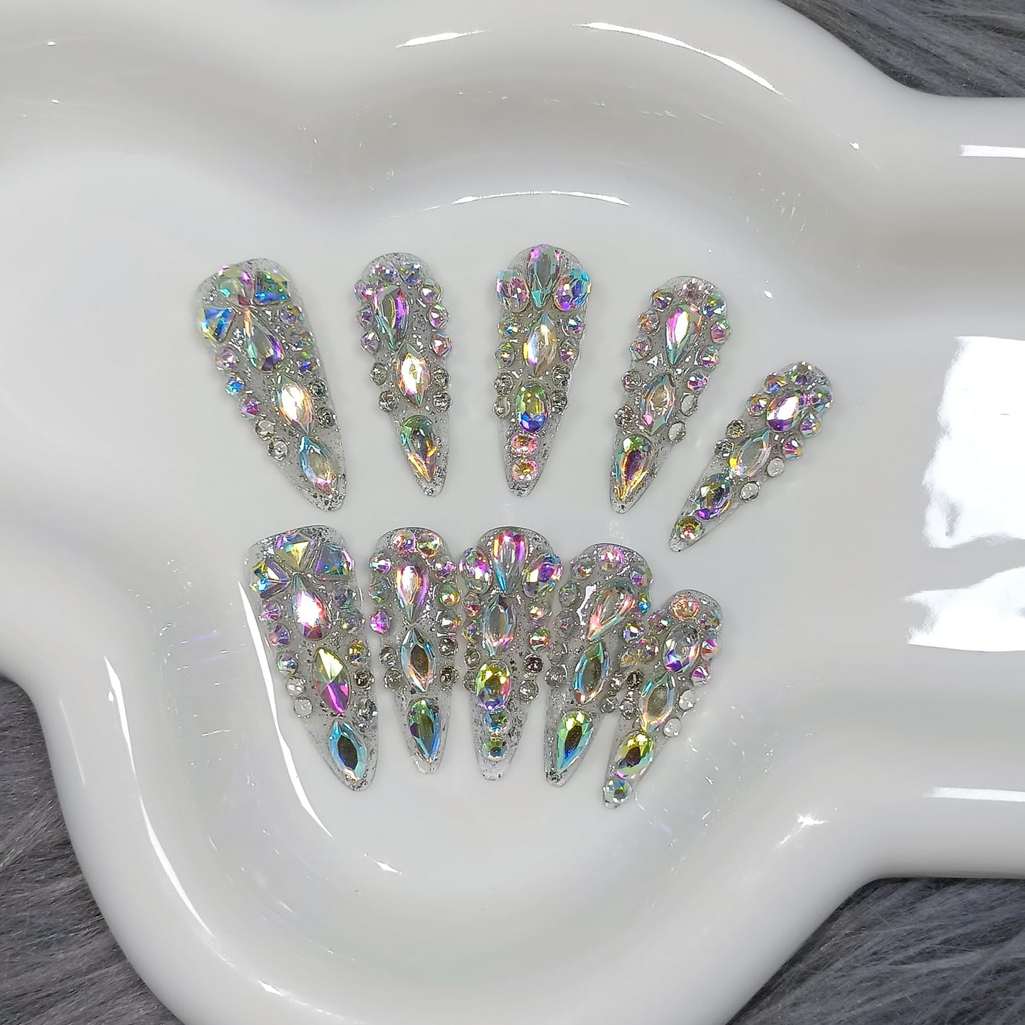 TENPAL 10Pcs Luxury Press On Nails Long Stiletto,Full Cover Crystal Glitter Fake Nail Set with Tools,Reusable Bride Wedding Nails for Bridal Party Bachelorette,Statement Making Glamorous Nail(XS)