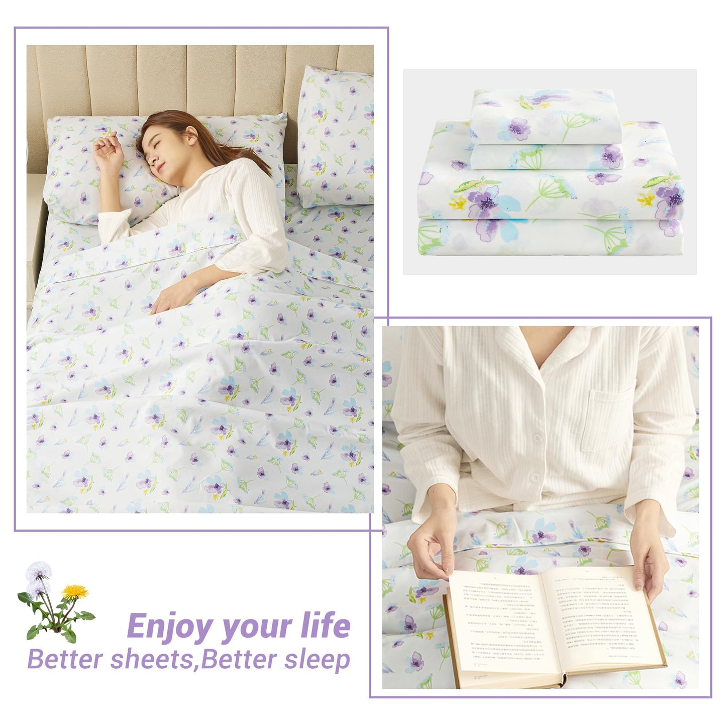 Softan Floral Queen Sheet Set Purple Flower Bed Sheets Queen Printed Sheets - 4 Piece Soft Microfiber Patterned Fitted Sheets with 15" Deep Pocket and Corner Straps, Cute Blue Flower Sheets