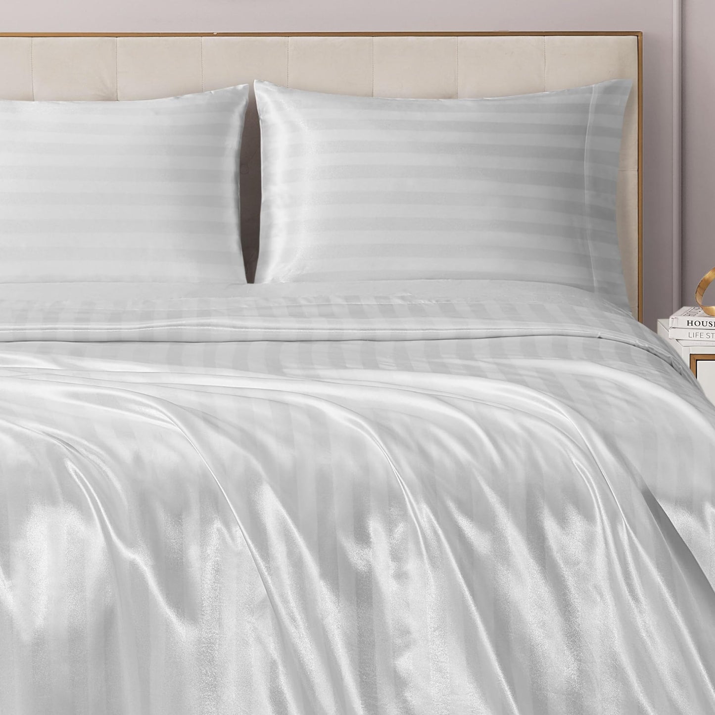 Juicy Couture Silky Satin Damask Sheet Set - Luxury White Bedding - Smooth Striped Sheets - Full Size