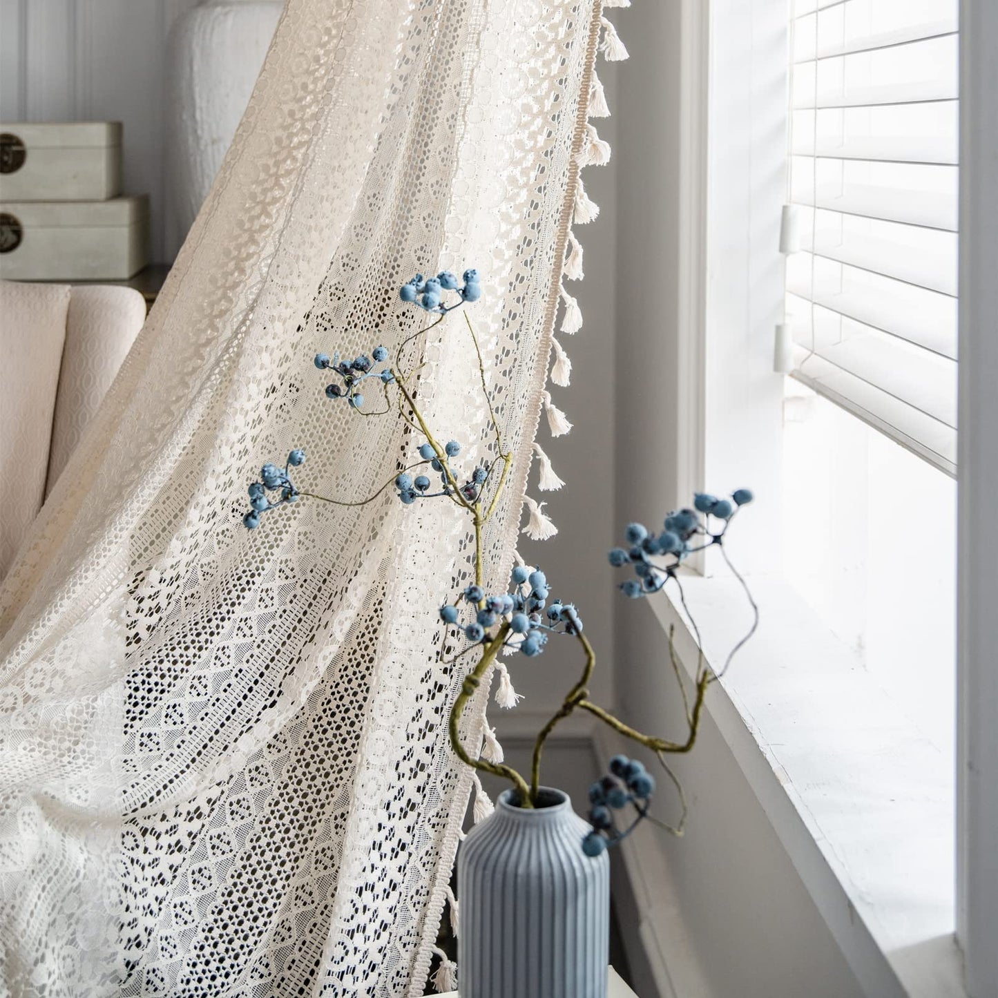 Sutuo Home Beige Boho Lace Sheer Curtains 84 inches Long,Crochet Macrame Semi-Sheer Bohemian Drape with Tassels, Cream Farmhouse Window Curtains for Living Room & Bedroom, 1 Panel 59" W,Rod Pocket
