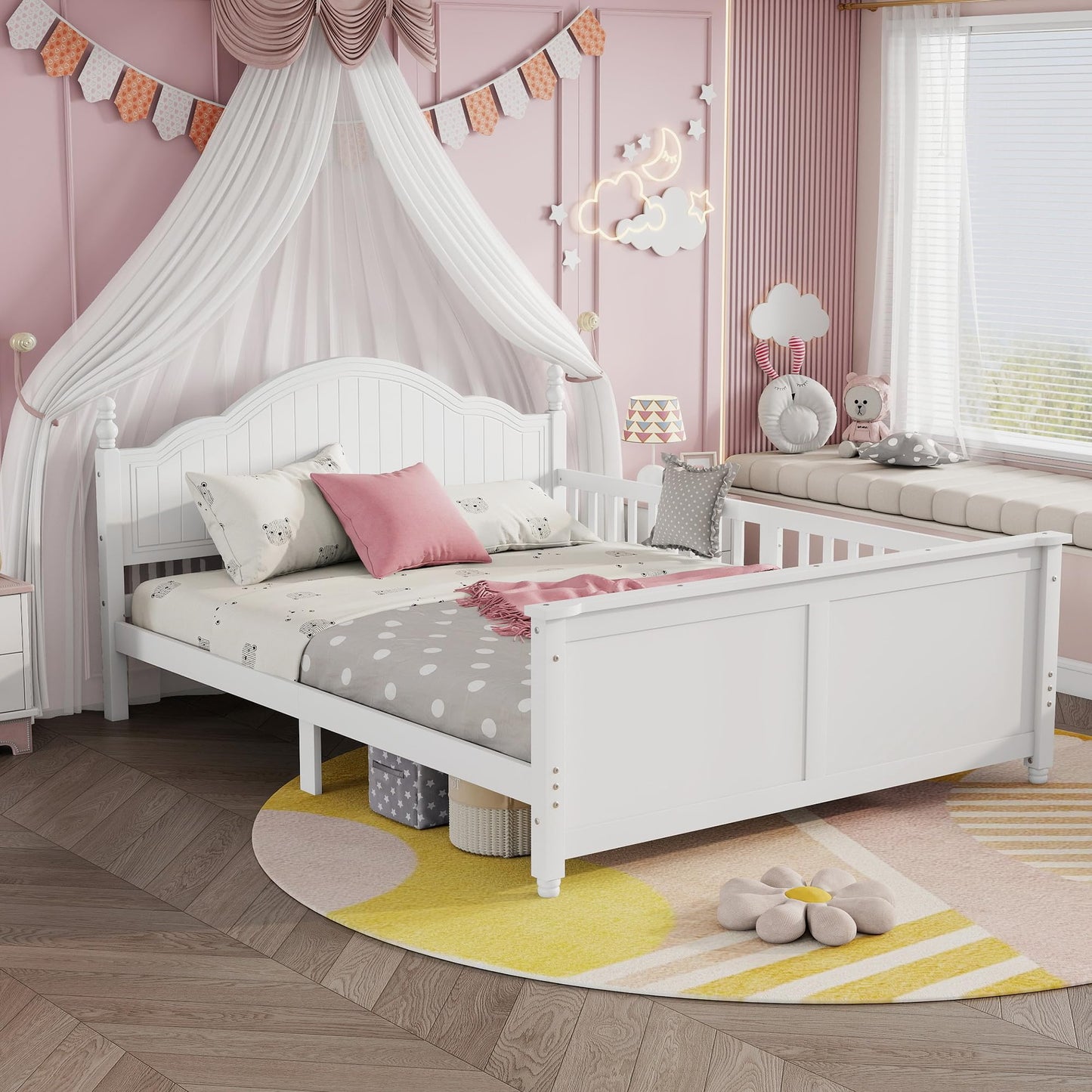 Aurnienofus Full Size Bed Frame Kids with Rails & Headboard, Wooden Low Platform Bed Frames with Detachable Guardrails, Footboard & Slat Support for Kids Girls Boys, Full Beds White