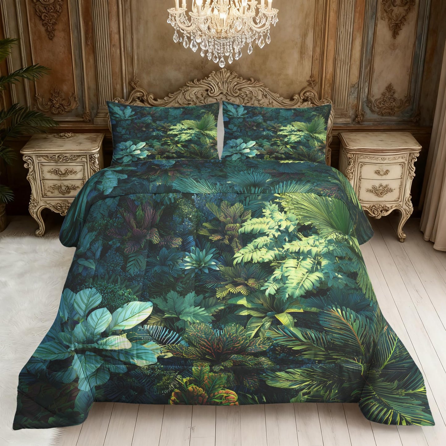Tropical Leaves Comforter Set King Size 3Pc, Jungle Rainforest Pattern Down Alternative Bed Comforter, 2 Pillow Shams, Soft All Season Bedding, Tropical Leaves Bedroom Decor