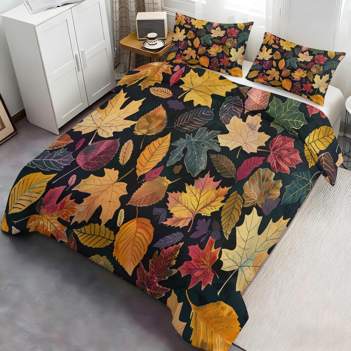 ZAMODE Fall Leaf Duvet Cover 120" x 98", Vintage Leaves Bedding Set, Autumn Plant Comforter Cover with Zipper Ties