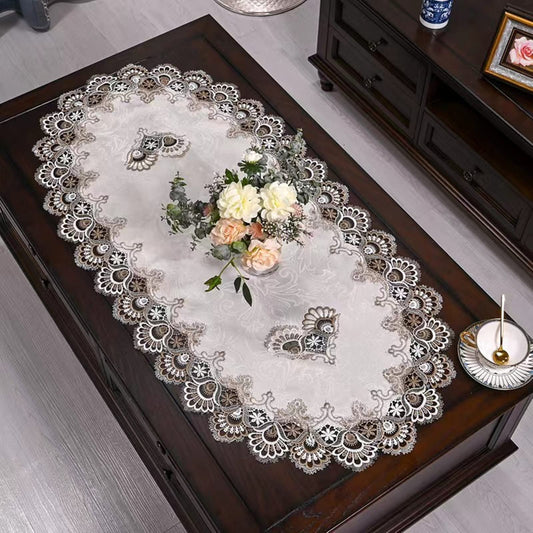 ZMNSZBDBeige Embroidered Lace Tablecloth Lace Coffee Table Cover Oval Hollow Fabric Tablecloth, Washing Machine, Dryer, Refrigerator Top Dust Cover (27.5''X51'')