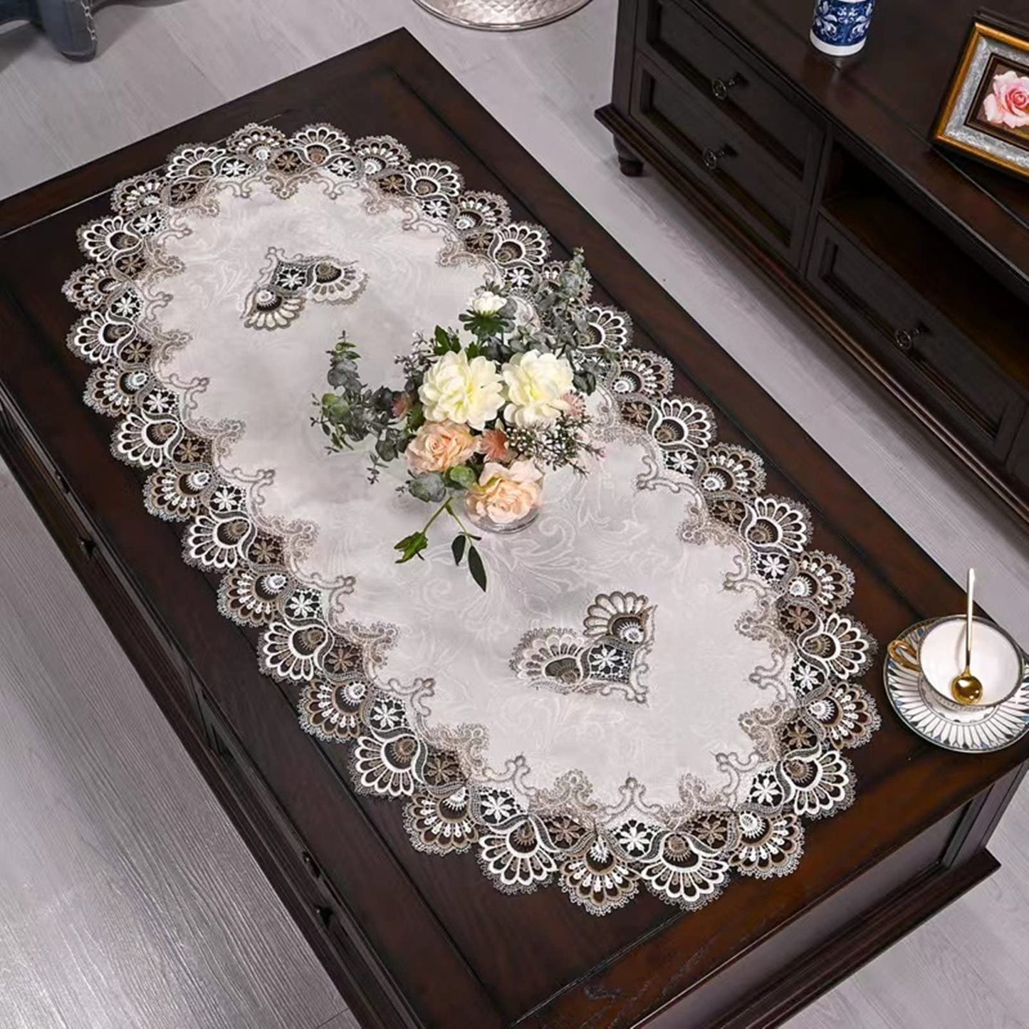 ZMNSZBDBeige Embroidered Lace Tablecloth Lace Coffee Table Cover Oval Hollow Fabric Tablecloth, Washing Machine, Dryer, Refrigerator Top Dust Cover (20''X43'')