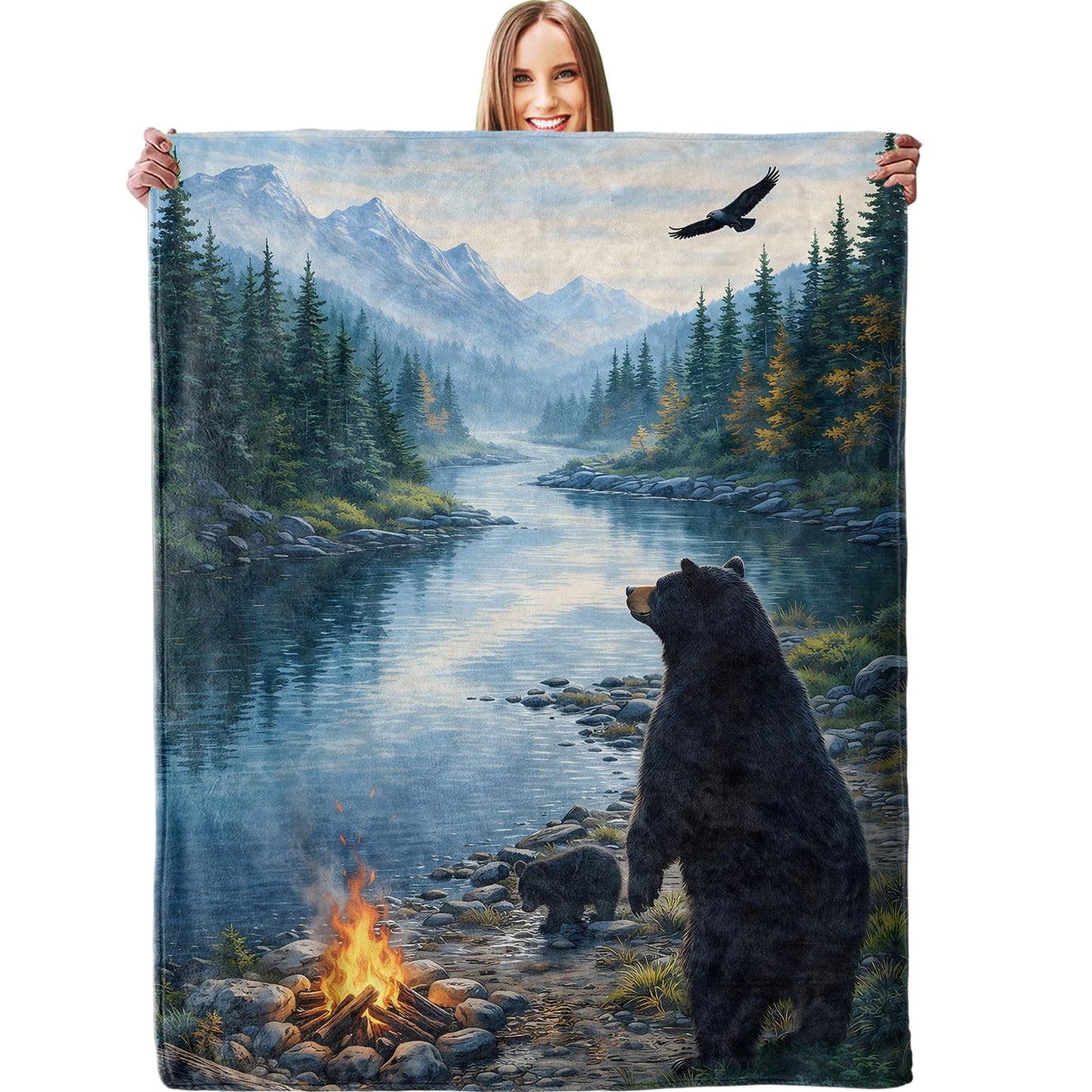 dhakalrlde Bear Family River Blanket, Soft Wildlife Forest Campfire Scene Throw Mountain Nature Blanket Gifts for Women Kids, Lightweight Warm Cozy 60×50 inch Flannel for Couch, Travel, Bed, Decor