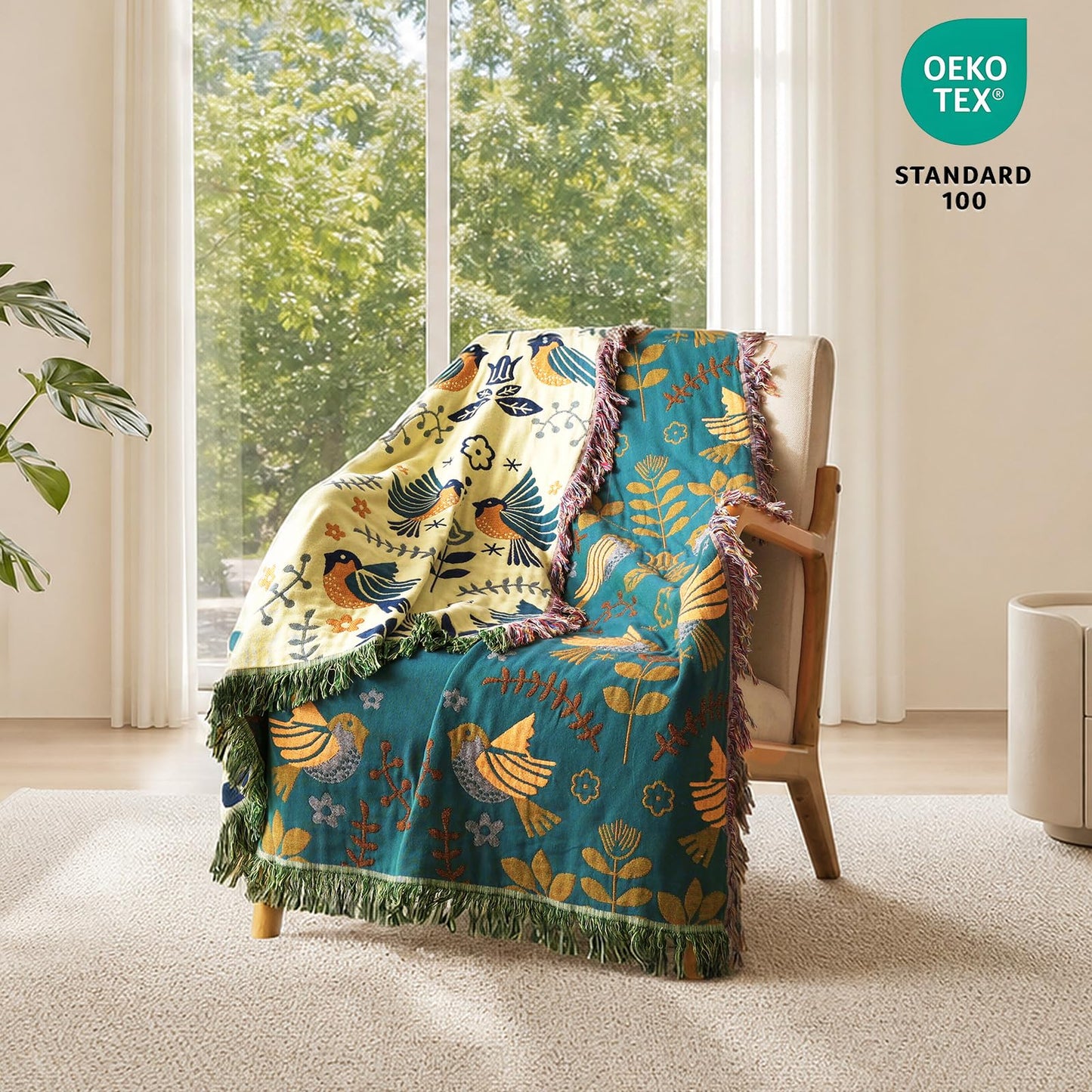 MSGKV Boho Throw Blanket 100% Cotton Blankets for Bed Couch 60"x80", Summer Breathable Farmhouse Bird Blankets Quilt Muslin Home Decor