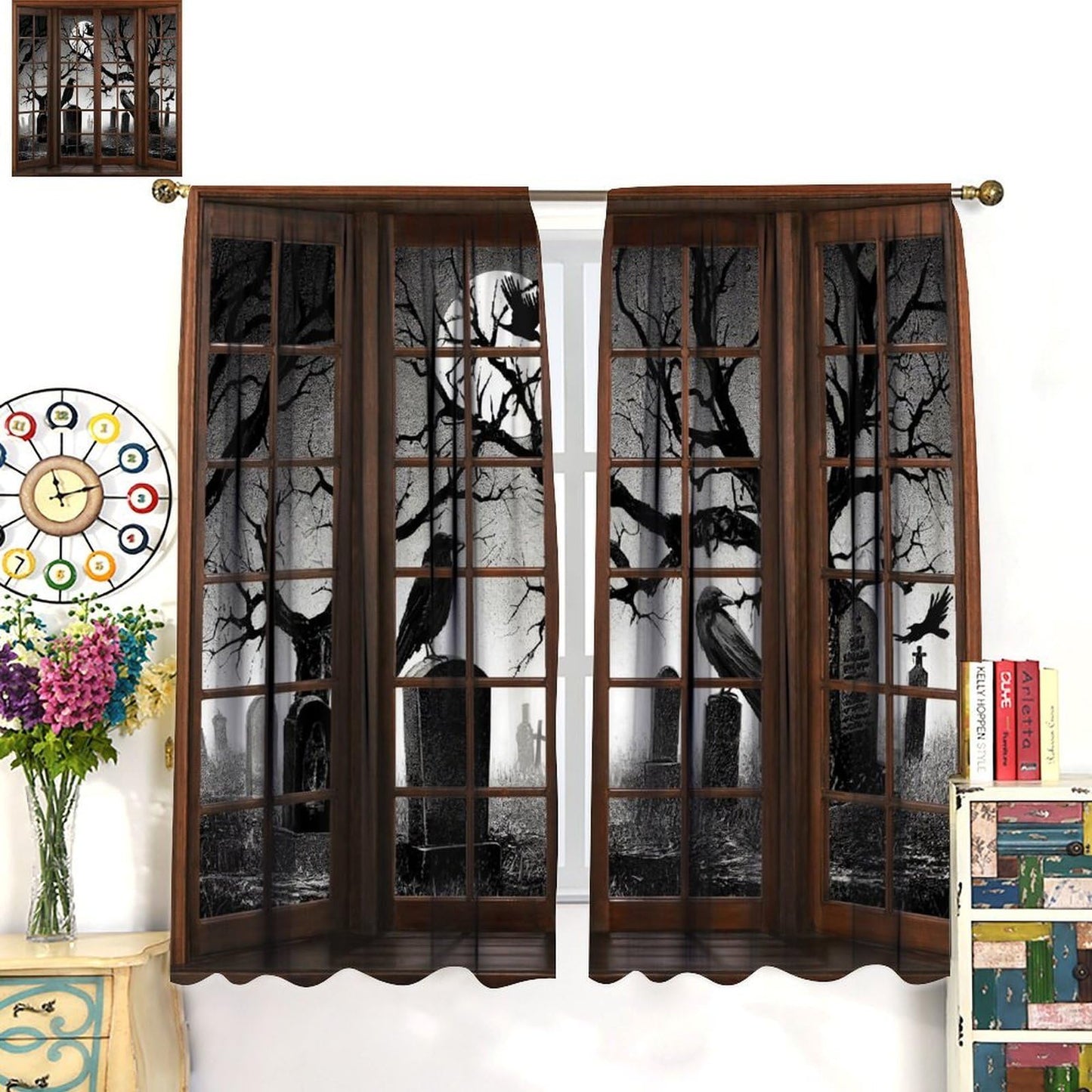 JanJCurt Misty Cemetery Curtains, Halloween Spooky Scary Forest Scenery Gothic Black Crow 3D Print Blackout Window Treatments for Kids Boys Bedroom Livingroom Holiday Decor, 42" W X 45" L