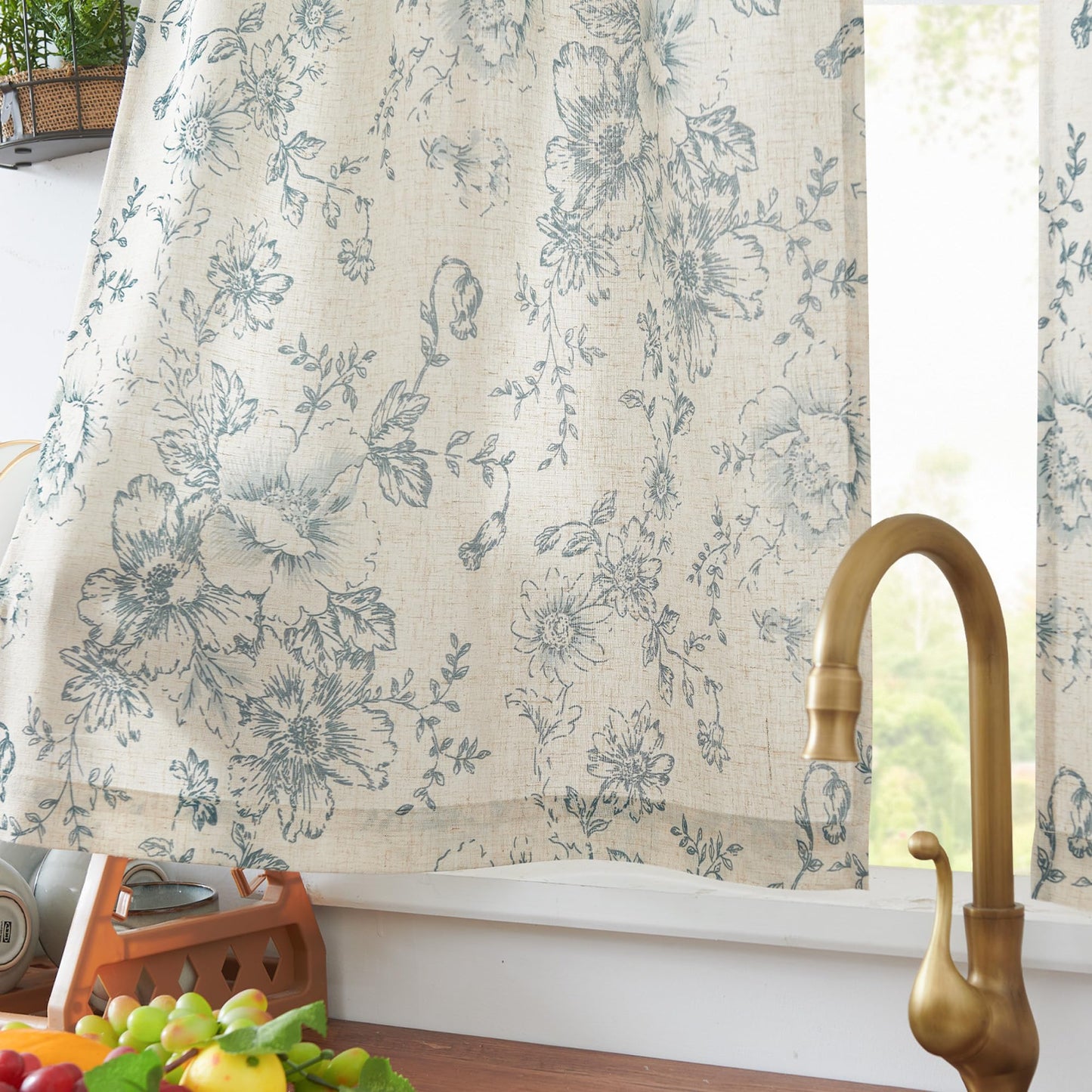 jinchan Floral Linen Tier Curtains Blue Flower on Beige Cafe Curtains 36 Inch Length Kitchen Living Room Bedroom Bathroom Farmhouse Rustic Country Rod Pocket 2 Panels