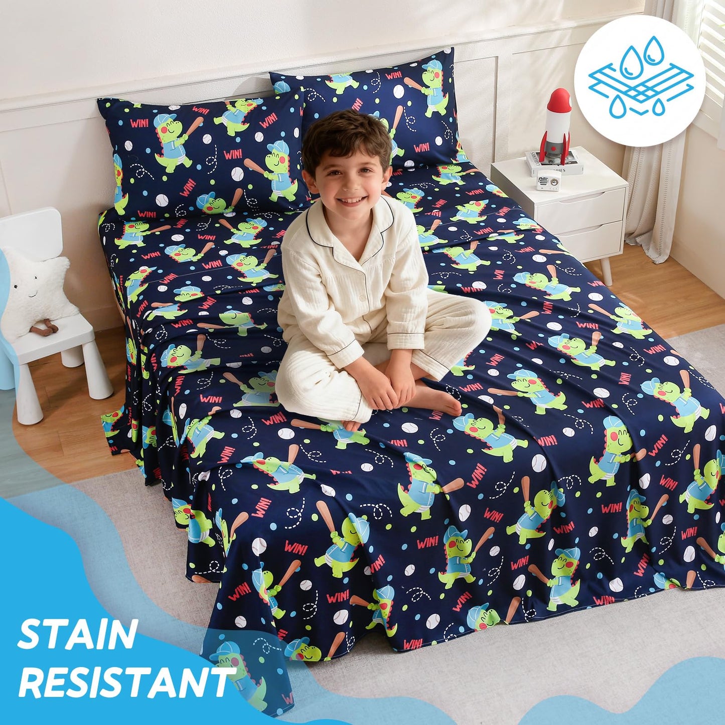 ChicView Full Sheet Set Kids,4 Pieces Breathable Soft Microfiber Bedsheets for Child Boys Girls, Anti Pilling Deep Pockets Easy Care Bed Sheets, Dino