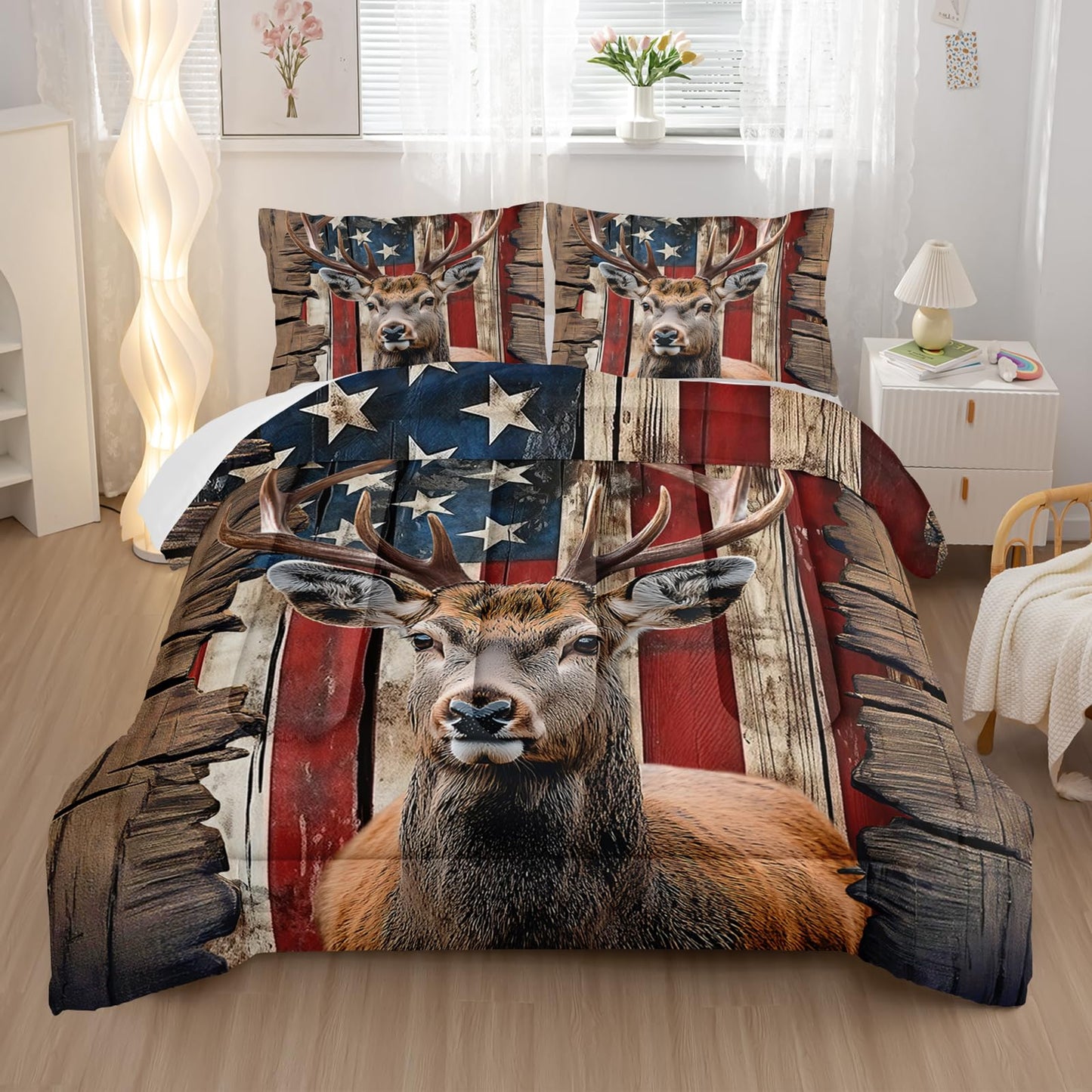 Nttopship Deer Hunting Comforter Sets Twin Size,American Flag Bedding Set 3 Piece for Girls Women Teens Adult Kids Boys,Woodland Moose Wildlife Room Decor Comforter Set with 2 Pillowcases