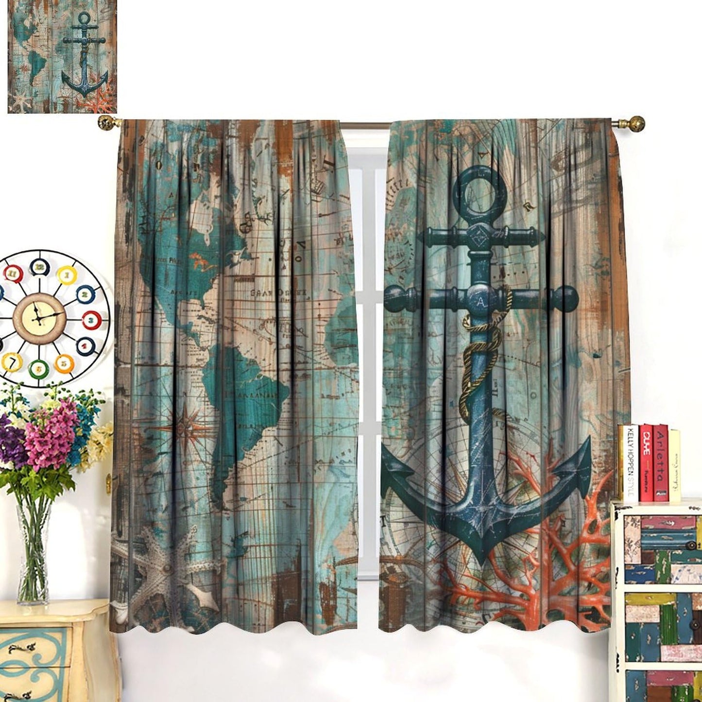 TOWINSFB Blue Nautical Map Anchor Blackout Curtains for Bedroom Living Room, Retro Plank Starfish Marine Life Coral Thermal Insulated Room Darkening Curtain- 2 Panels, Each 63" L x 21" W