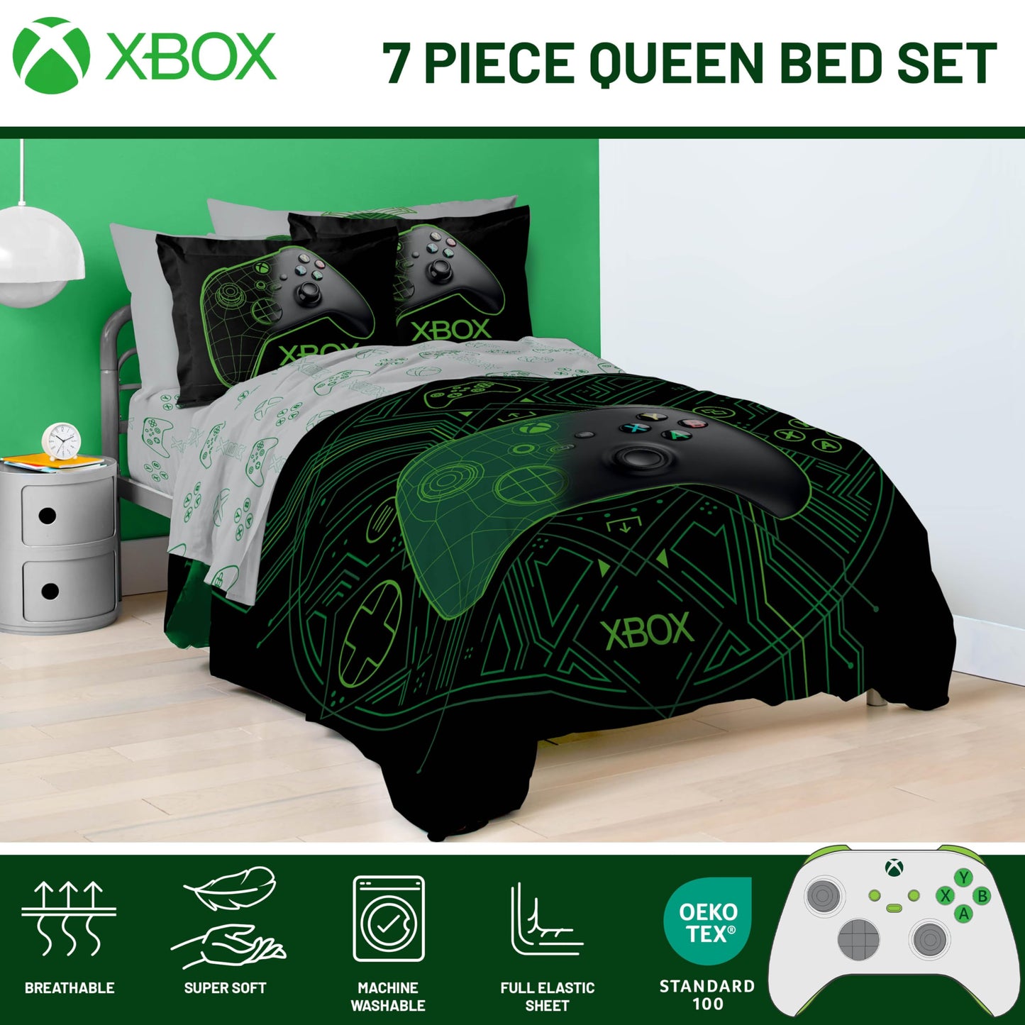 Jay Franco Kids Comforter Set Includes Sheets and Pillow Covers - Soft and Cozy Bed Set for Stylish Room Decor, Official Licensed Product, White - Xbox, 7 Piece Queen