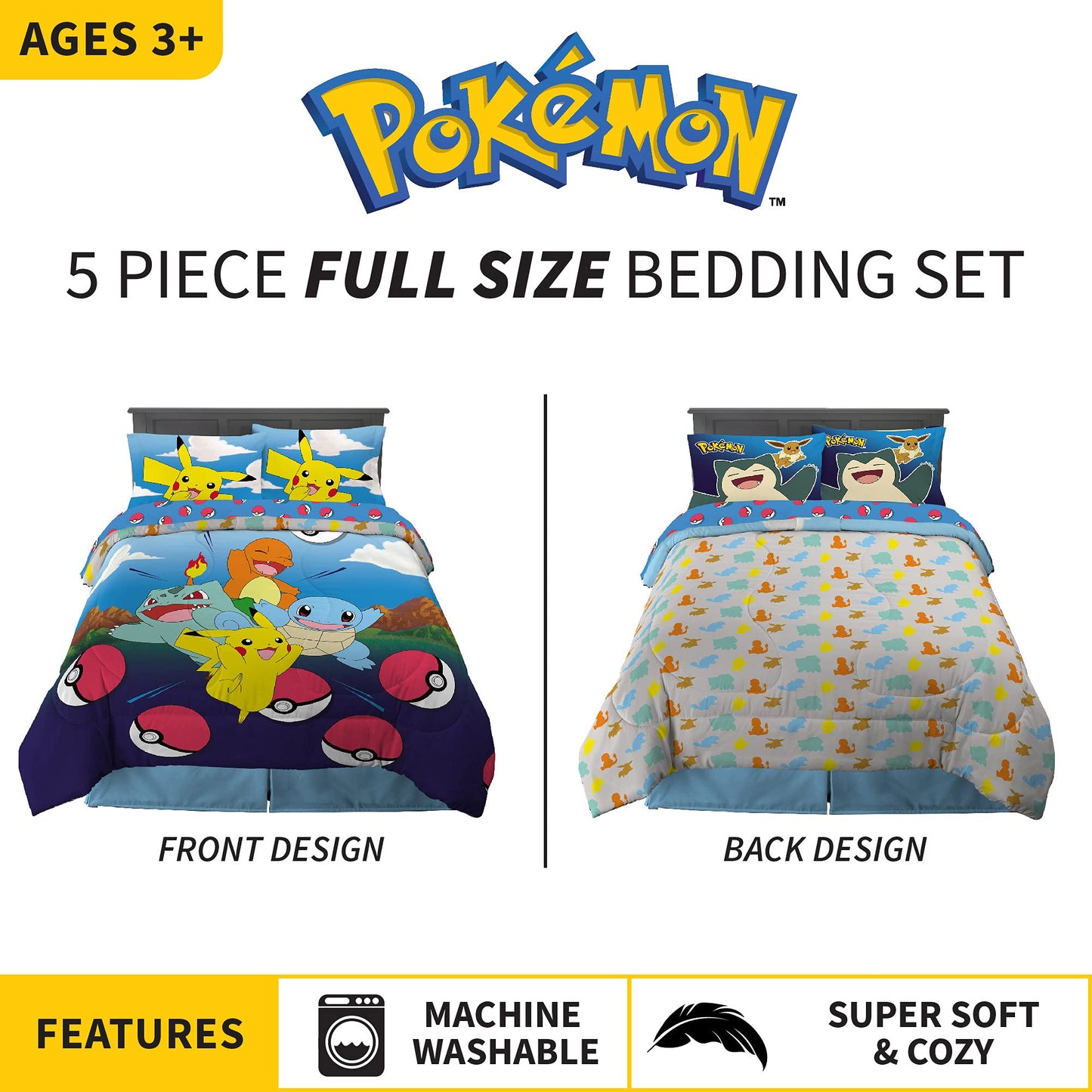 Pokémon Gaming Anime Kids Bedding Super Soft Microfiber Comforter And Sheet Set, 5 Piece Full Size, (Officially Licensed Product) By Franco