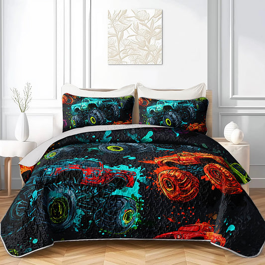 XYNHML Colorful Off-Road Racing Truck Quilts Bedding Twin 3Pcs Cool Speed Race Car Quilt Set Extreme Sport Lightweight Soft Bedspread Coverlet with 2 Pillowcases for Kid Boy Girl Teen Adult Bed Decor