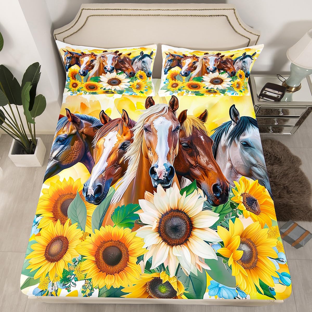 Kids Horse Bedding Set, Blooming Sunflower Fitted Sheet Full Size, Western Cowboy Bed Sheet for Boys Teens Adult, Floral Branches Rustic Bed Cover Bedroom Decor, Yellow Brown White(No Top Sheet)