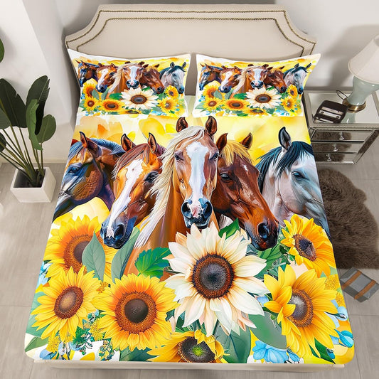 Kids Horse Bedding Set, Blooming Sunflower Fitted Sheet Full Size, Western Cowboy Bed Sheet for Boys Teens Adult, Floral Branches Rustic Bed Cover Bedroom Decor, Yellow Brown White(No Top Sheet)