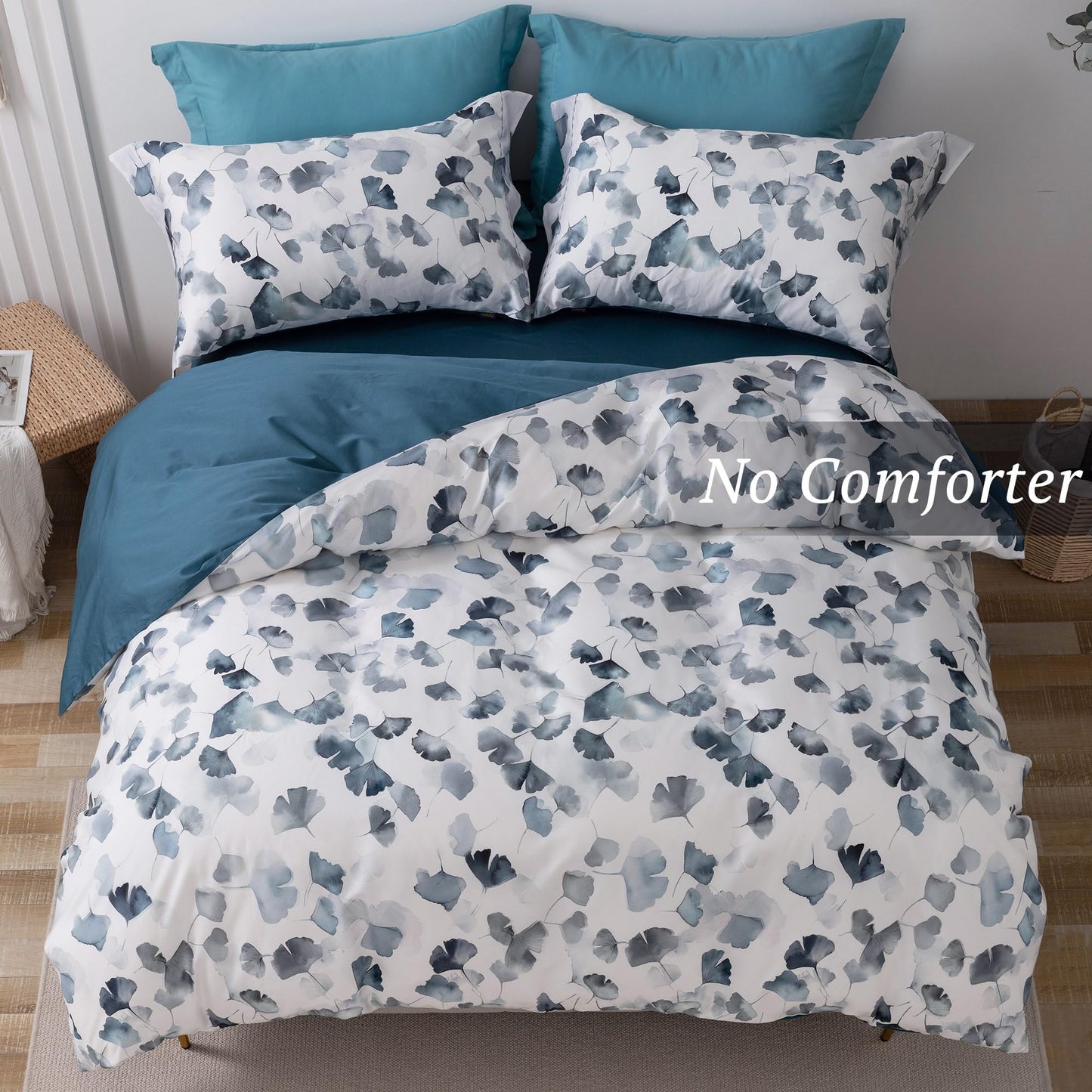 MILDLY 100% Long-Staple Cotton Duvet Cover Set Light Navy Ginkgo Leaf Pattern Printed Comforter Cover 3pcs, Ultra Soft & Breathable Bedding Set