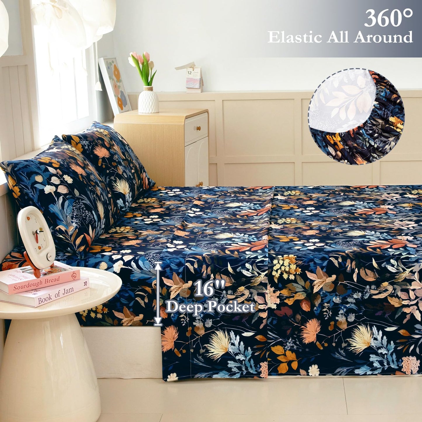 MICORAL Boho Floral Queen Sheet Set, 4-Piece Printed Botanical Bed Sheets, 16" Deep Pocket, Ultra Soft & Cooling Sheet, Oeko-TEX Certified, Midnight Blooms