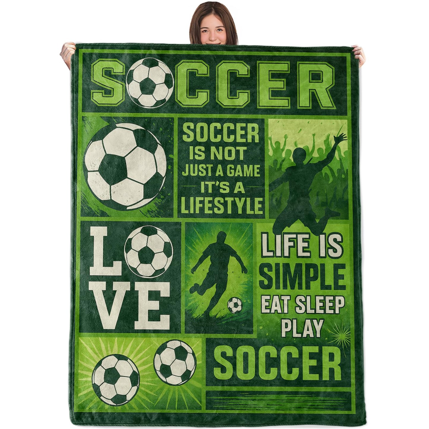 WKEDIN Sport Soccer Lifestyle Blanket,50x60in,Cozy Flannel Throw with Green and Black Graphic Balls Players Design,Soft Lightweight Gifts Blankets for Teens,Sofa Bed Travel Living Room Decor