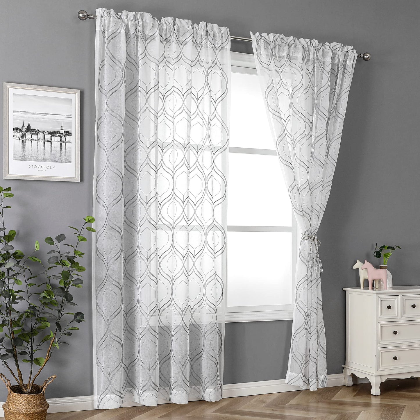 VISIONTEX White Sheer Curtains 84 Inches Long 2 Panels, Light Filtering Grey Moroccan Trellis Embroidered Semi Sheer Voile Drapes, Rod Pocket Textured Window Curtain for Bedroom Living Room 54W x 84L