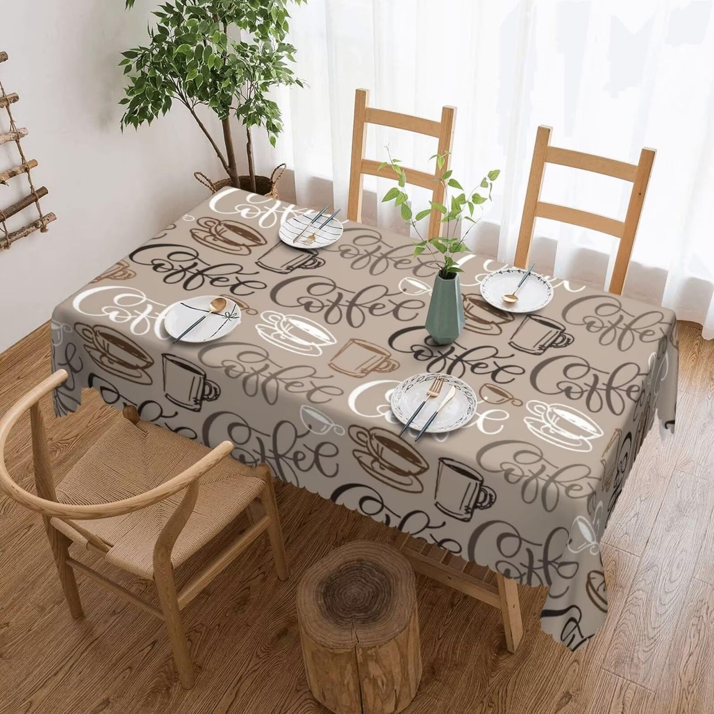 ZEJAYFEY Coffee Themed Rectangle Tablecloth Cute Brown Cup Coffee Beans Table Cloths Classic Farmhouse Style Washable Table Cover for Home Kitchen Dining Party Room Cafe Decor 54 x 72 Inch