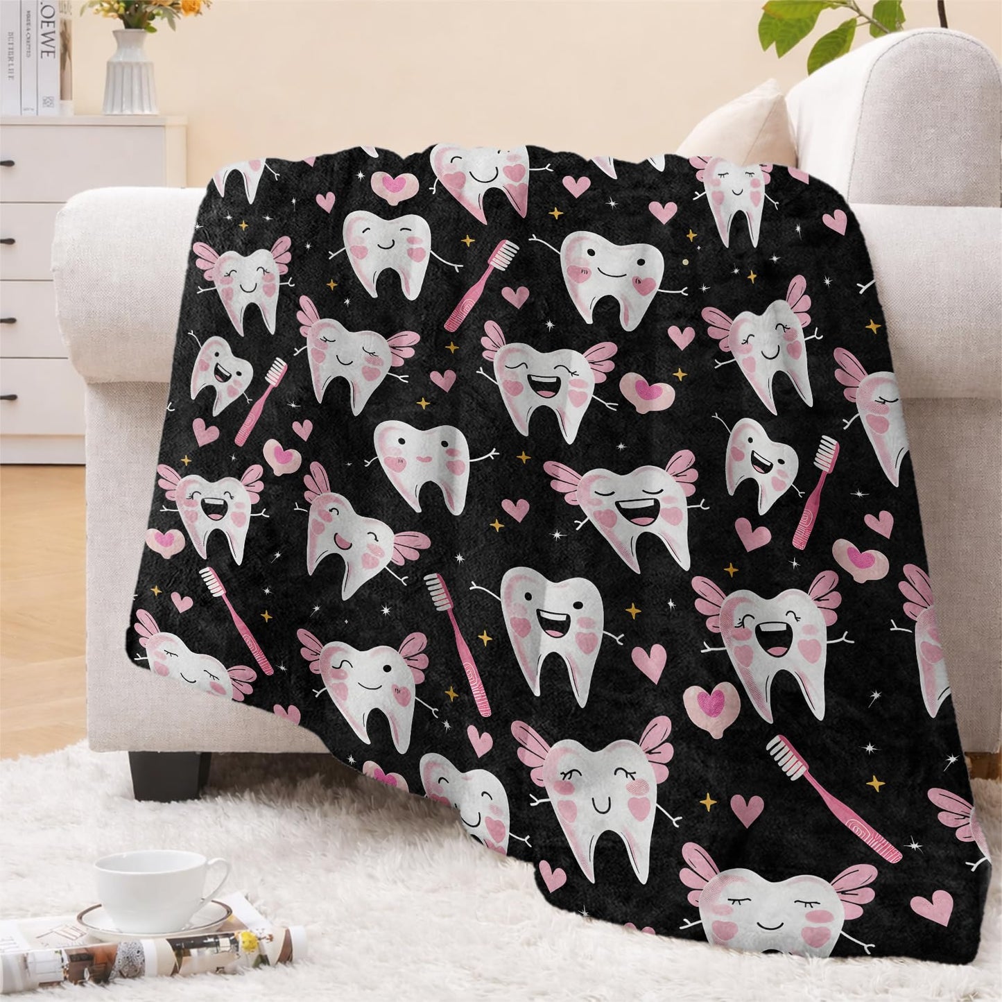 cromcu Cute Tooth Fairy Throw Blanket Warm Lightweight, Pink Dental Heart Flannel Blankets Gifts for Girls Women Dental Lovers, Home Decor Throws for Couch Sofa Camping Office Travel, Black 60"X50"