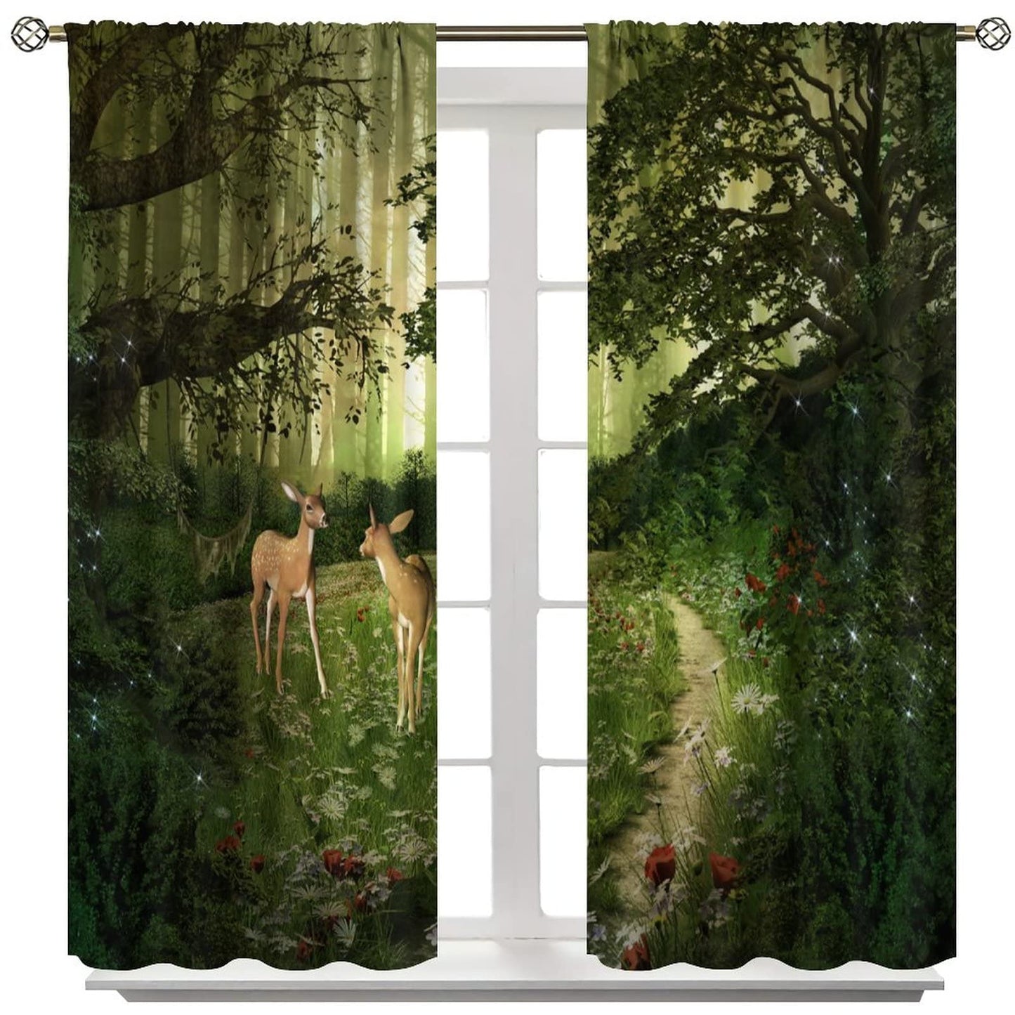Fantasy Forest Blackout Curtains,Fairy Tale Green Forest Trees Deer Blackout Window Door Curtains for Bedroom Living Room Home Decor W42xL45in