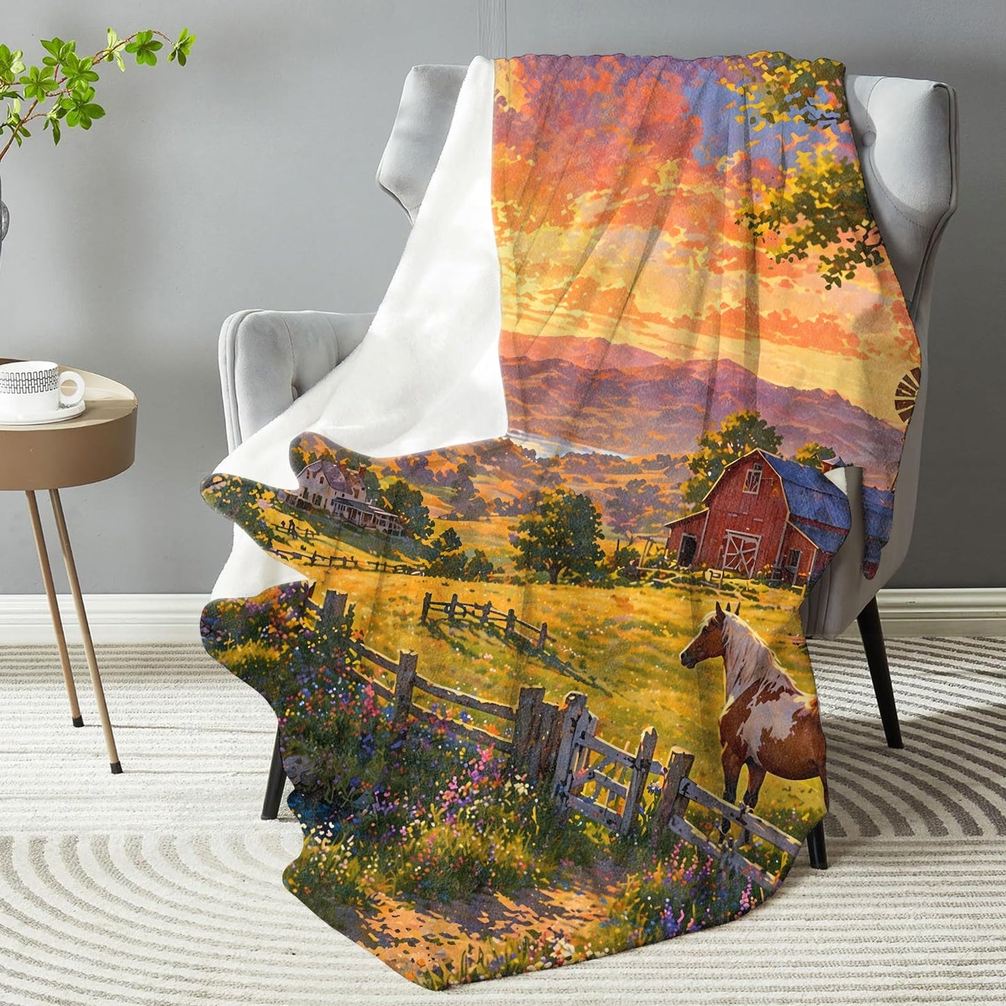 dhakalrlde Golden Sunset Horse Farm Blanket, Soft Meadow Stallion Throw Blanket Gifts for Men Women Teens, Lightweight Warm Cozy 60×50 inch Rustic Flannel for Couch, Travel, Bed, Decor