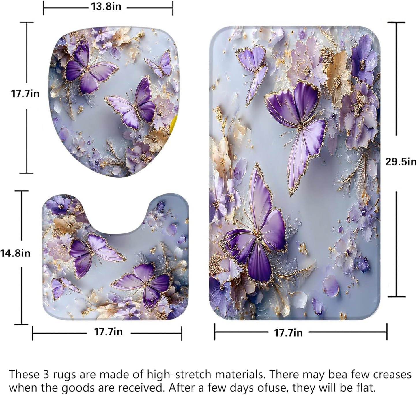 Chrainy 4 Pcs Purple Floral Butterfly Shower Curtain Set with Non-Slip Rugs, Modern Toilet Lid Cover and Bath Mat, Elegant Bathroom Decor Set with Hooks