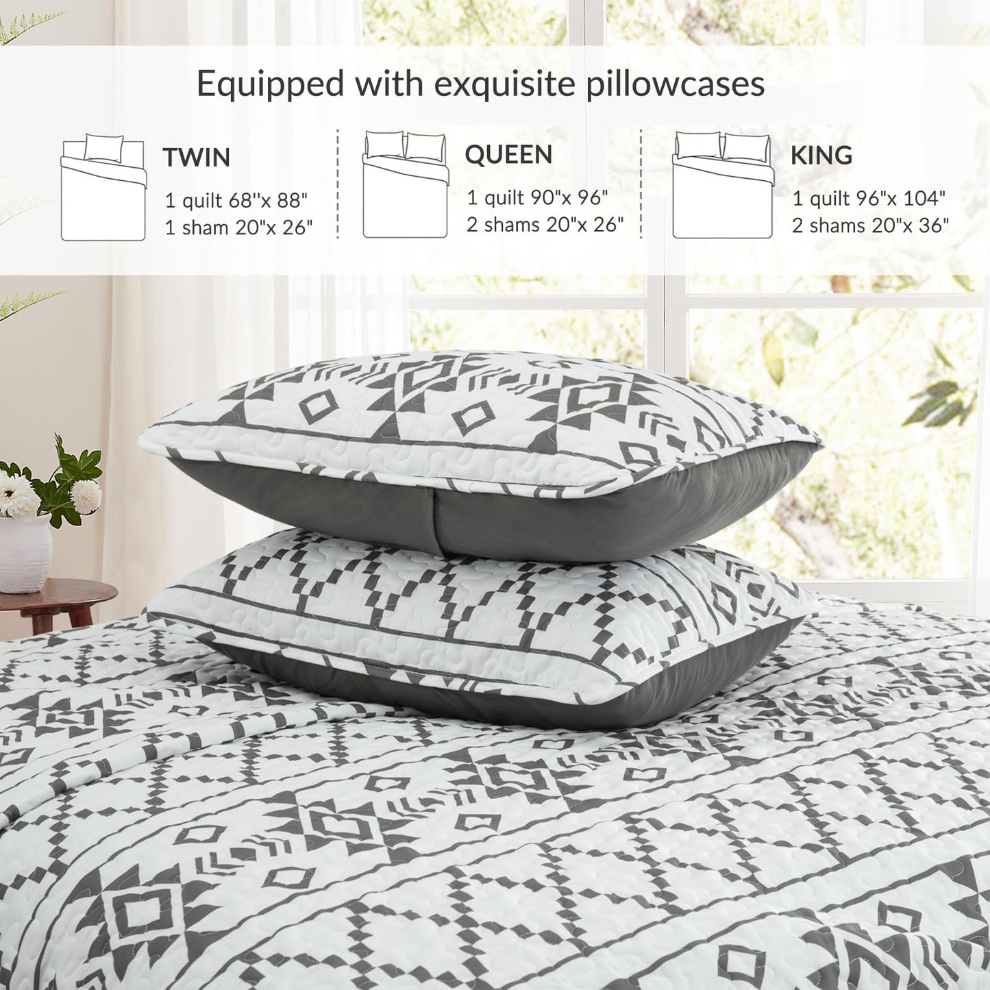 Whale Flotilla Full Queen Size Quilt Set - Reversible White Quilts Queen Size with 2 Pillow Shams, Lightweight Boho Striped Bedspreads Coverlet Bedding Set for All Seasons