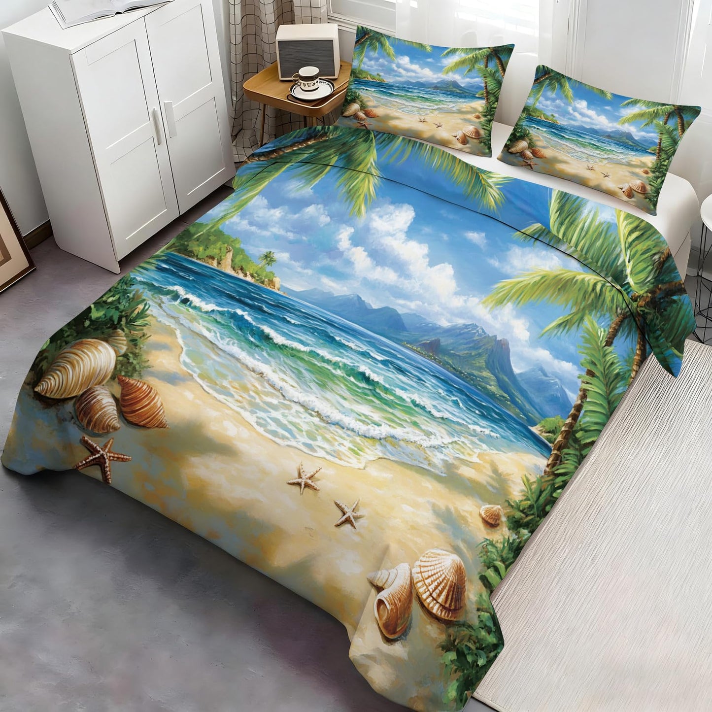 GKPLY Tropical Beach Bedding Comforters, Palm Tree Ocean Duvet Cover, Coastal Seascape Comforter Set, Reversible Print - Vacation Reversible Print Bedding Duvet Cover & 2 Pillowcases California King
