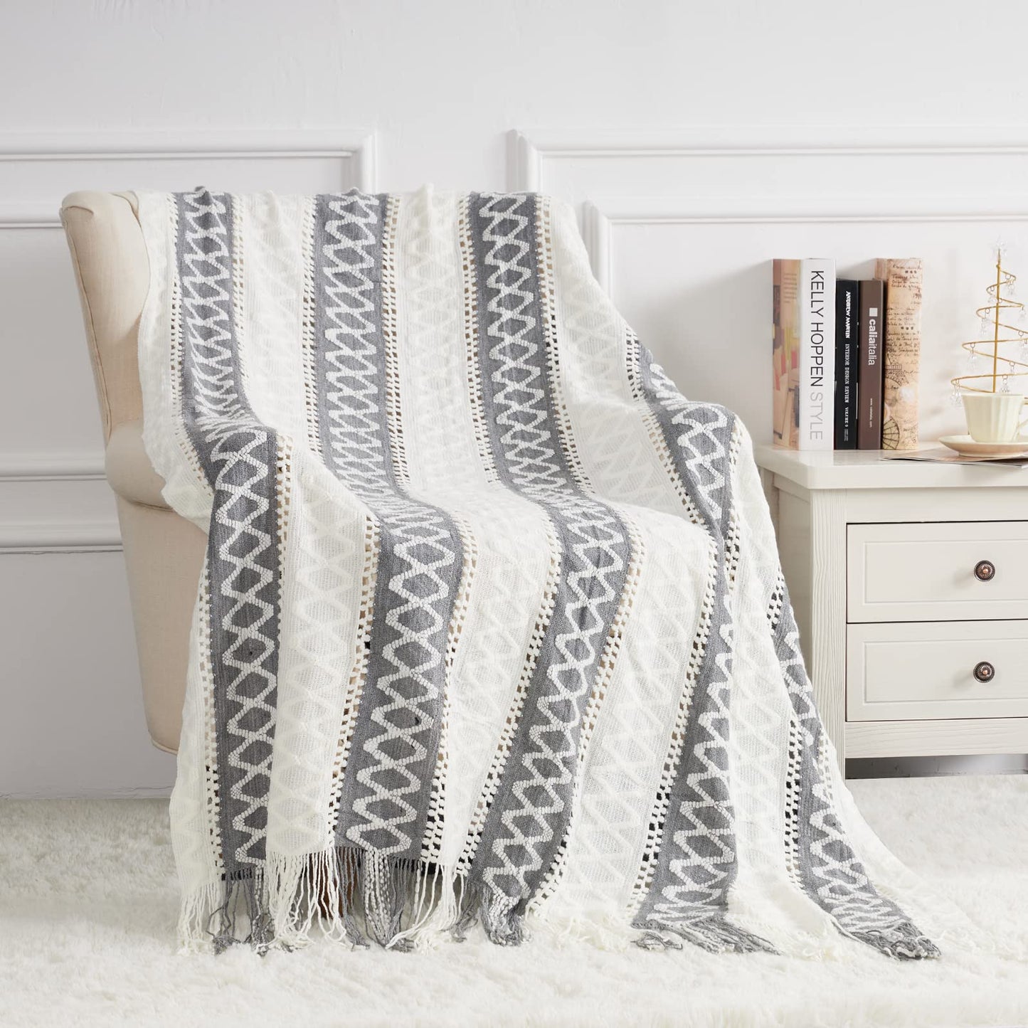 Quinnsus Knit Soft Lightweight Decorative Bed Throw Blankets, Jacquard Textured Boho Summer Throw Blanket with Tassels for Bed, Sofa and Living Room (Grey, 50 x 60 inches)