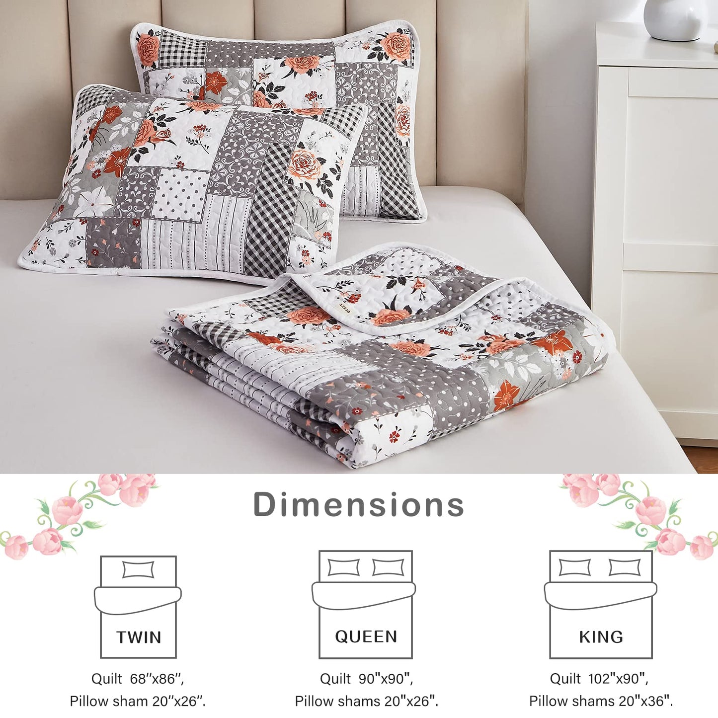 Patchwork Quilt Set Full/Queen Size, 3 Pieces Grey Floral Plaid Summer Bedspread Coverlet Set, Soft Microfiber Reversible Lightweight Bed Cover for All Season (90" x 90", 1 Quilt+ 2 Pillow Shams)