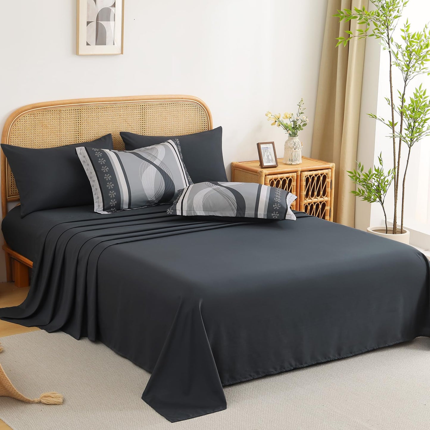 Anibedding Grey Comforter Set Queen Size,8 Pieces Bed in a Bag Patchwork Striped Bedding Sets,Boho Soft Microfiber Bedding Set for All Season(90"×90")