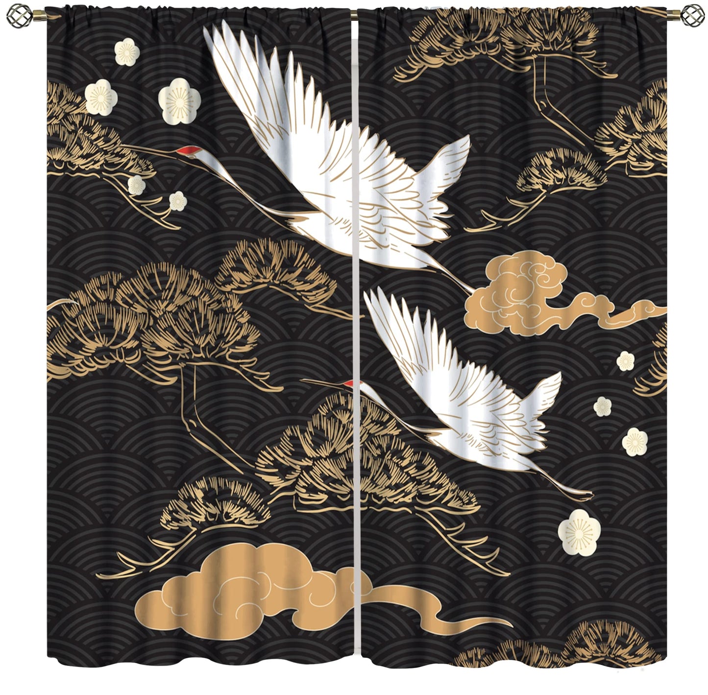 Japanese Style Curtains, Retro Red Crane Black and Gold Pine Tree Wave Abstract Asian Style, Bedroom Living Room Blackout Curtains, 2 Panel Set,42X45 Inch