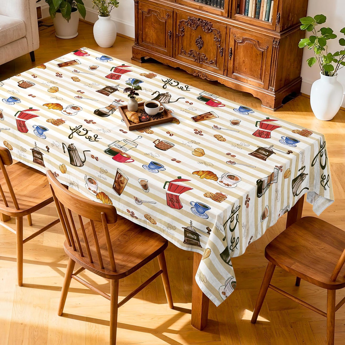 Arquiel Coffee Themed Table Cloth Rectangle Machine Washable Tablecloth, 55 * 70 inch, Polyester Table Cover for Kitchen Dinner Party Outdoor Decor Gifts for Coffee Lovers