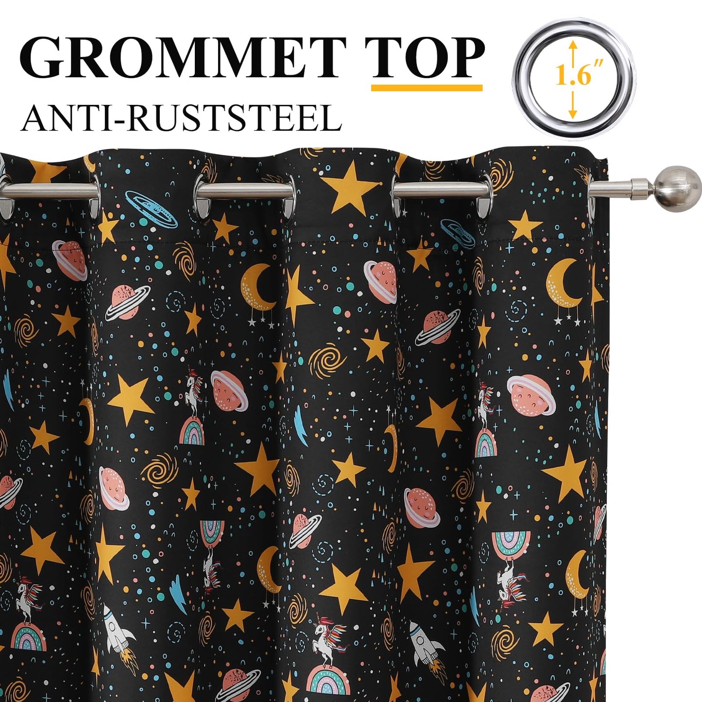 Estelar Textiler Unicorn Planet Printed Black Blackout Curtains 63 Inch Long for Nursery, Thermal Insulated Room Darkening Star and Moon Grommet Window Drapes for Kids Bedroom(38"W x 63"L, 2 Panels)
