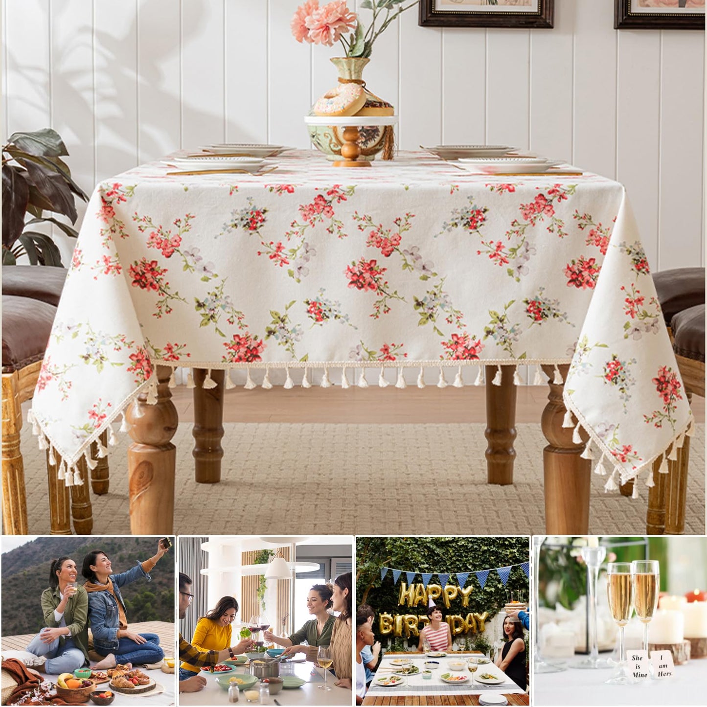 HOMLOVE Tablecloth Pastoral Style, Waterproof & Stain Resistant Table Cloth Wrinkle Free Table Cover for Dining/Kitchen/Patio, Washable Indoor & Outdoor Use (Red Flower, 55"X86")