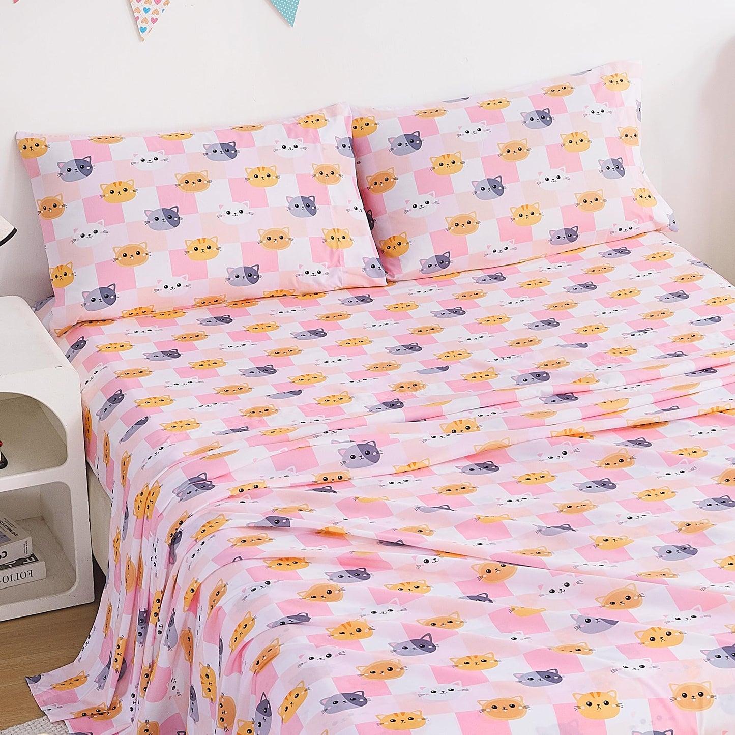 CozySmile Twin Sheet Set Kids,3 Pieces Breathable Soft Microfiber Bedsheets for Child Girls, Oeko-TEX, Anti Pilling Deep Pockets Easy Care Bed Sheets, Cat Plaid