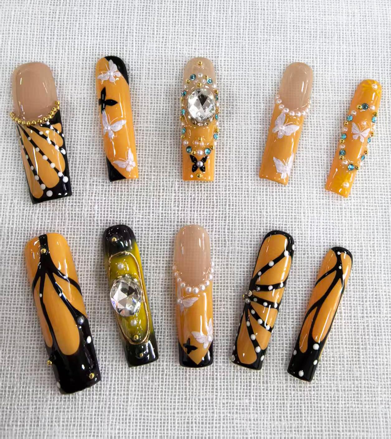 Handmade Press on Nails Long Square Fake Nails French Tip Yellow with 3D Butterfly Designs luxury Glossy Rhinestones Cute Acrylic Nails for Women 10pcs (Size M）