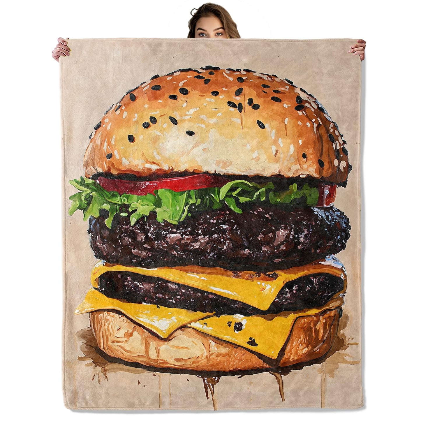 Cheeseburger Blanket 50X60 in, Fun Burger Pattern, Flannel Throw Blankets for Travel Camping Sofa Living Room Decor, Lightweight Cozy Soft Fuzzy Gifts for Kids Boys Girls Women