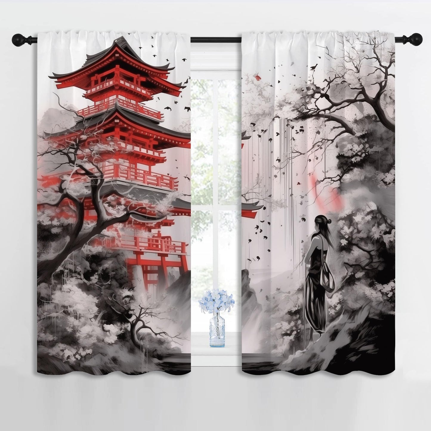 LHROOMJK Japanese Animation Rod Pocket Blackout Curtains for Boy Girl Bedroom, Black White Ink Abstract Art Thermal Insulated Home Window Drapes for Living Room Darkening, 42x45 inch